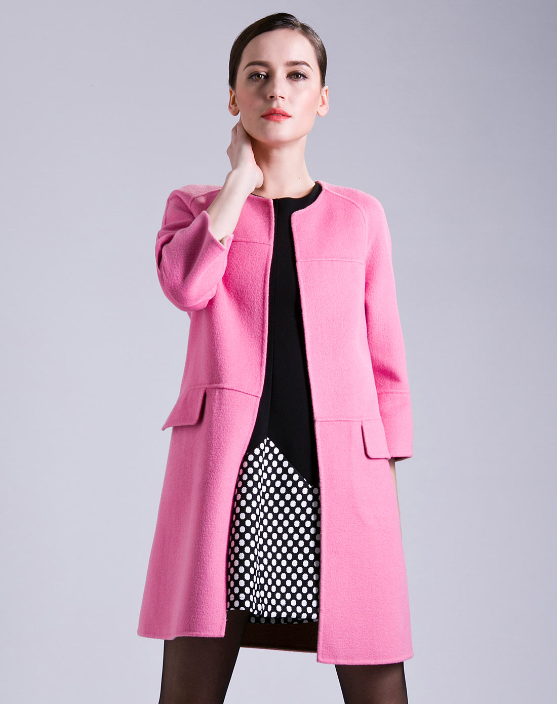 女款胭脂粉马卡龙色圆领七分袖双面呢大衣