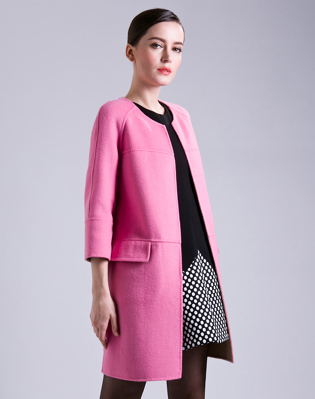 索菲丝尔女款胭脂粉马卡龙色圆领七分袖双面呢大衣de48126ew_唯品会