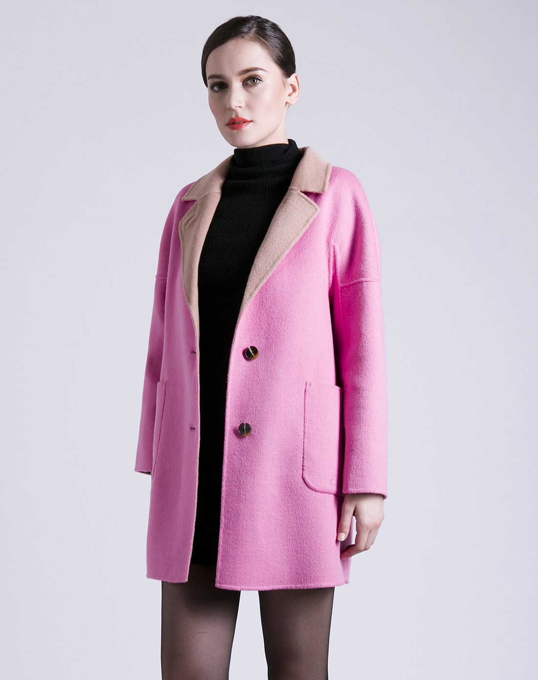 索菲丝尔sofsil大衣专场女款胭脂粉时尚撞色翻驳领h型双面呢大衣de4