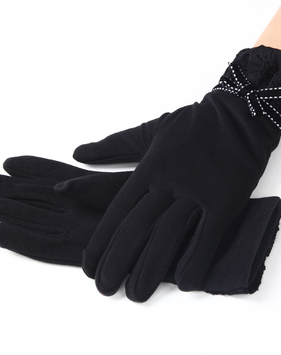 天鹅绒蝴蝶结蕾丝边精品手套女性黑色