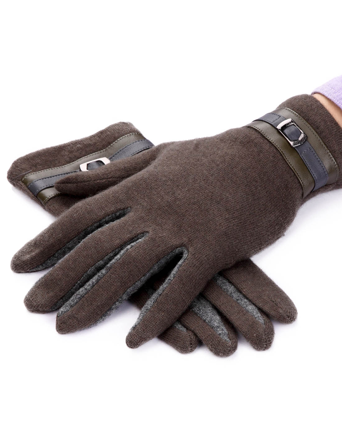单层羊毛时尚精品手套男性棕绿色