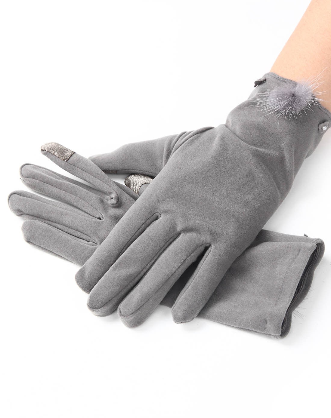 天鹅绒触摸屏可爱绒毛球时尚精品手套女性深灰色