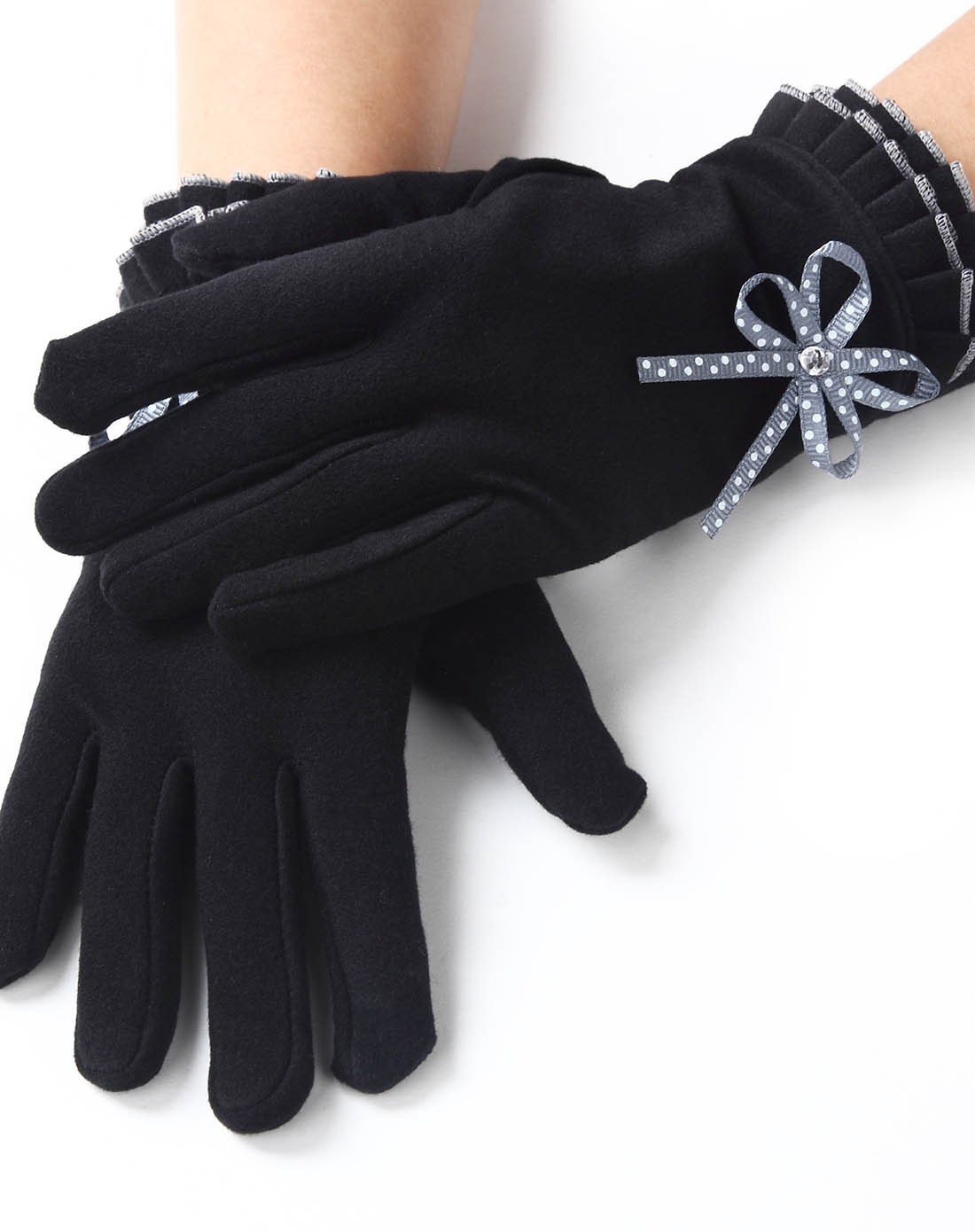 天鹅绒双层花边精品时尚手套女性黑色