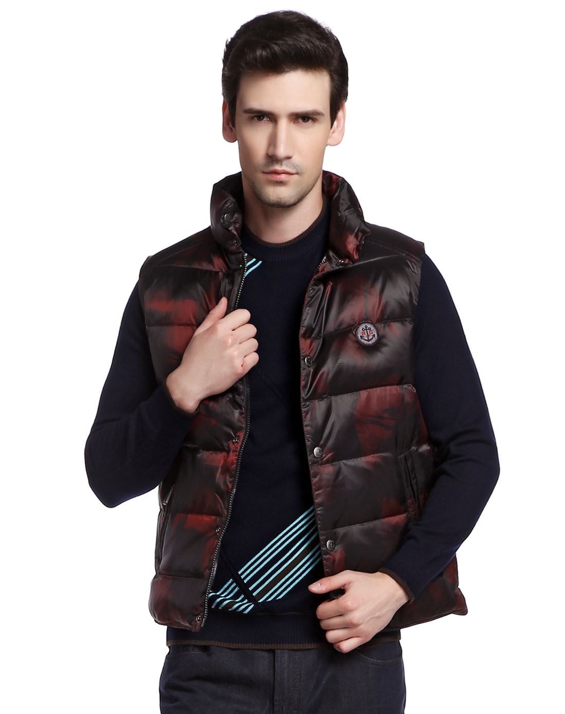 纳维凯尔navigare男装移动端专场黑/暗红色花纹时尚羽绒背心a24