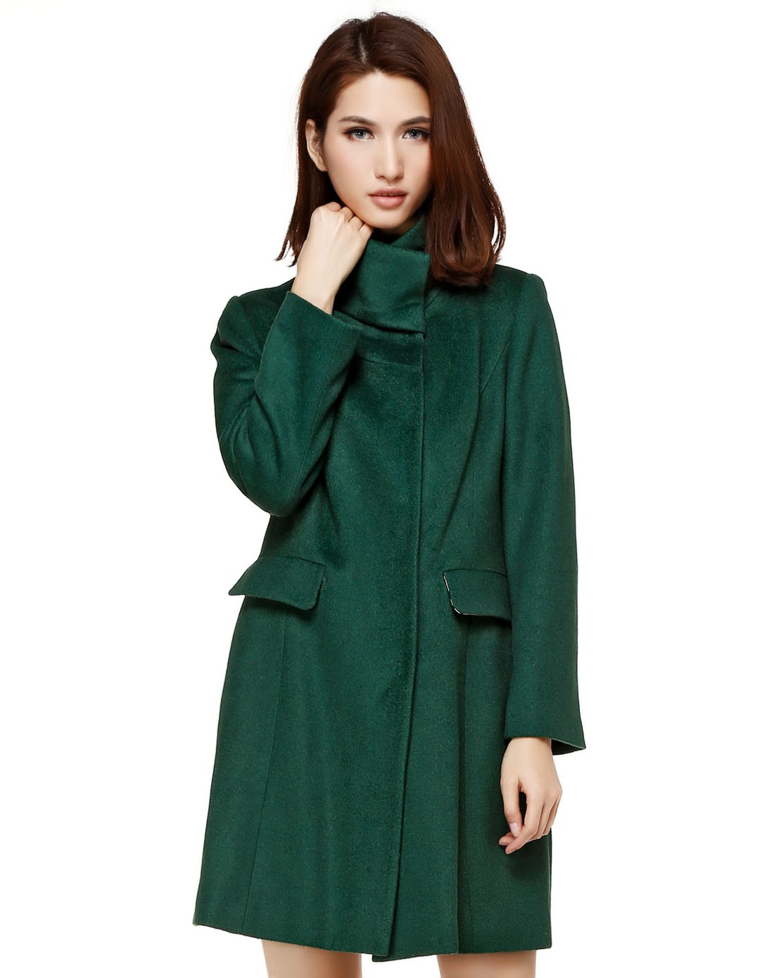 绿色立领中长款大衣