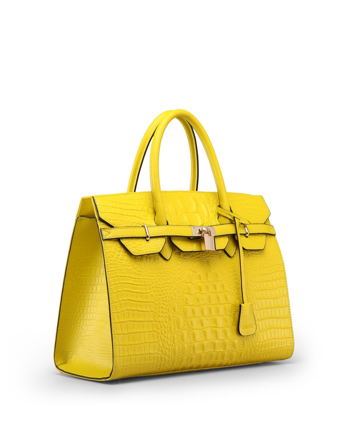 女款柠檬黄色牛剖层皮革手提包
