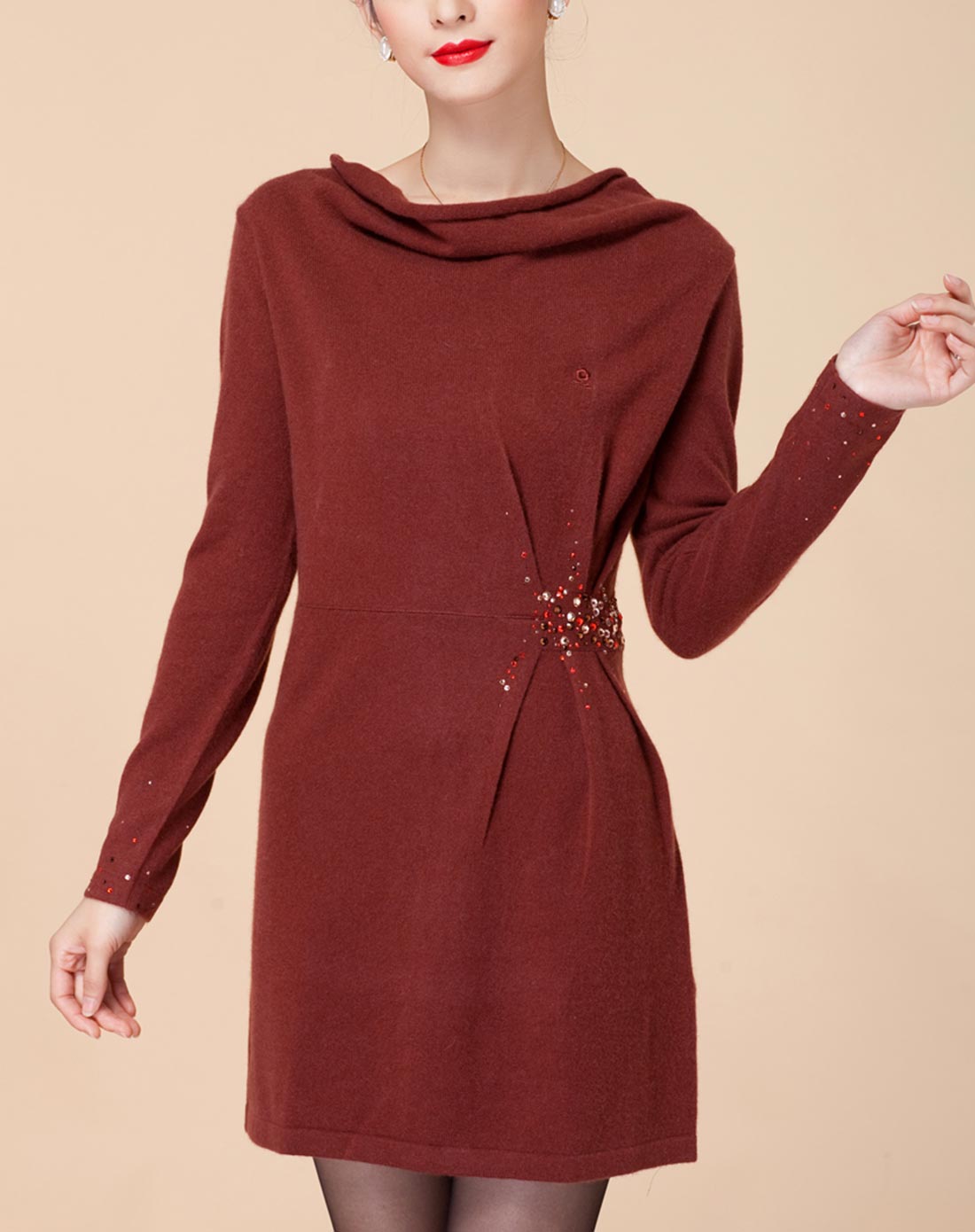 女款咖红色优雅潮流长袖100%山羊绒连衣裙