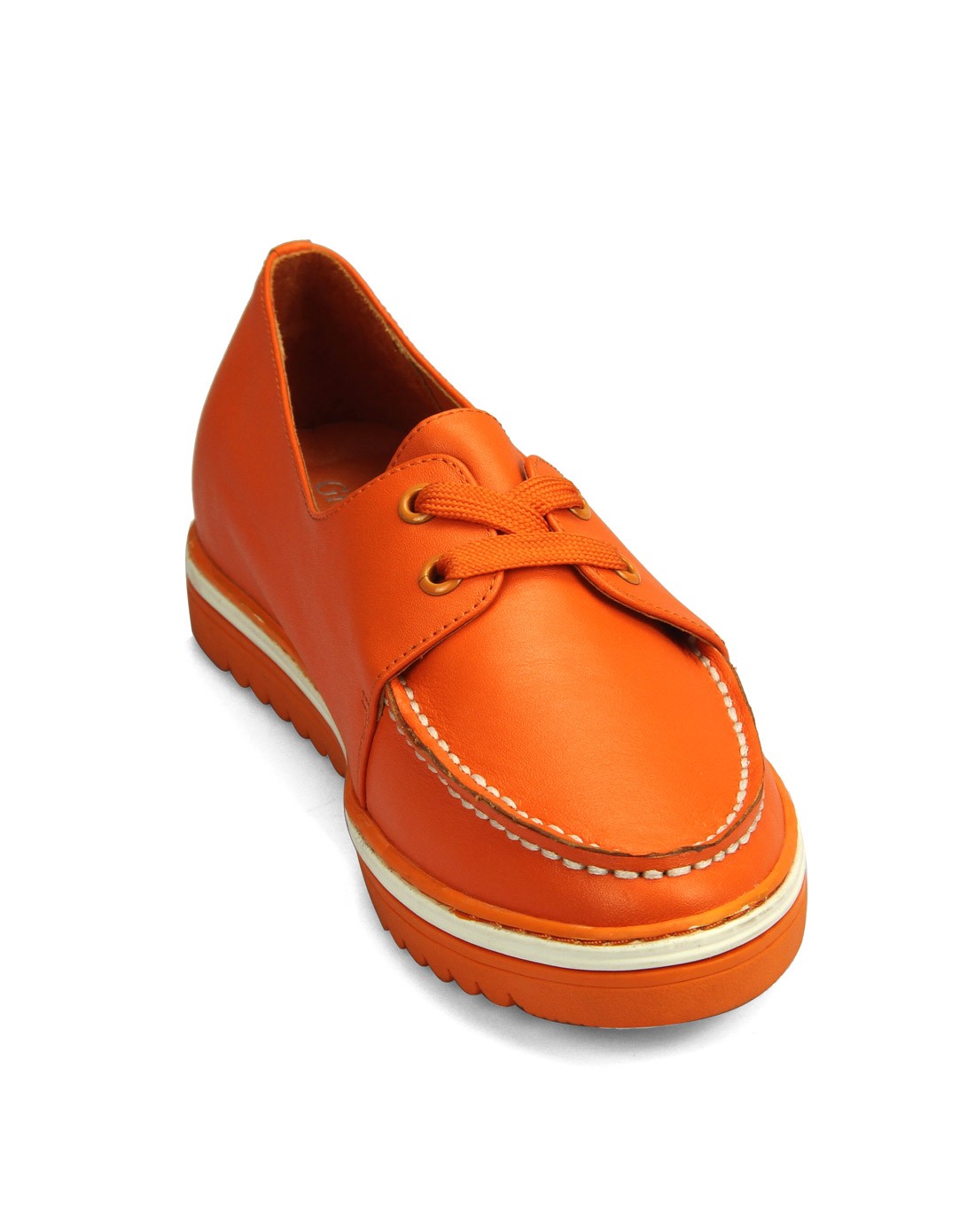 橙色牛皮简约系带休闲平底女鞋