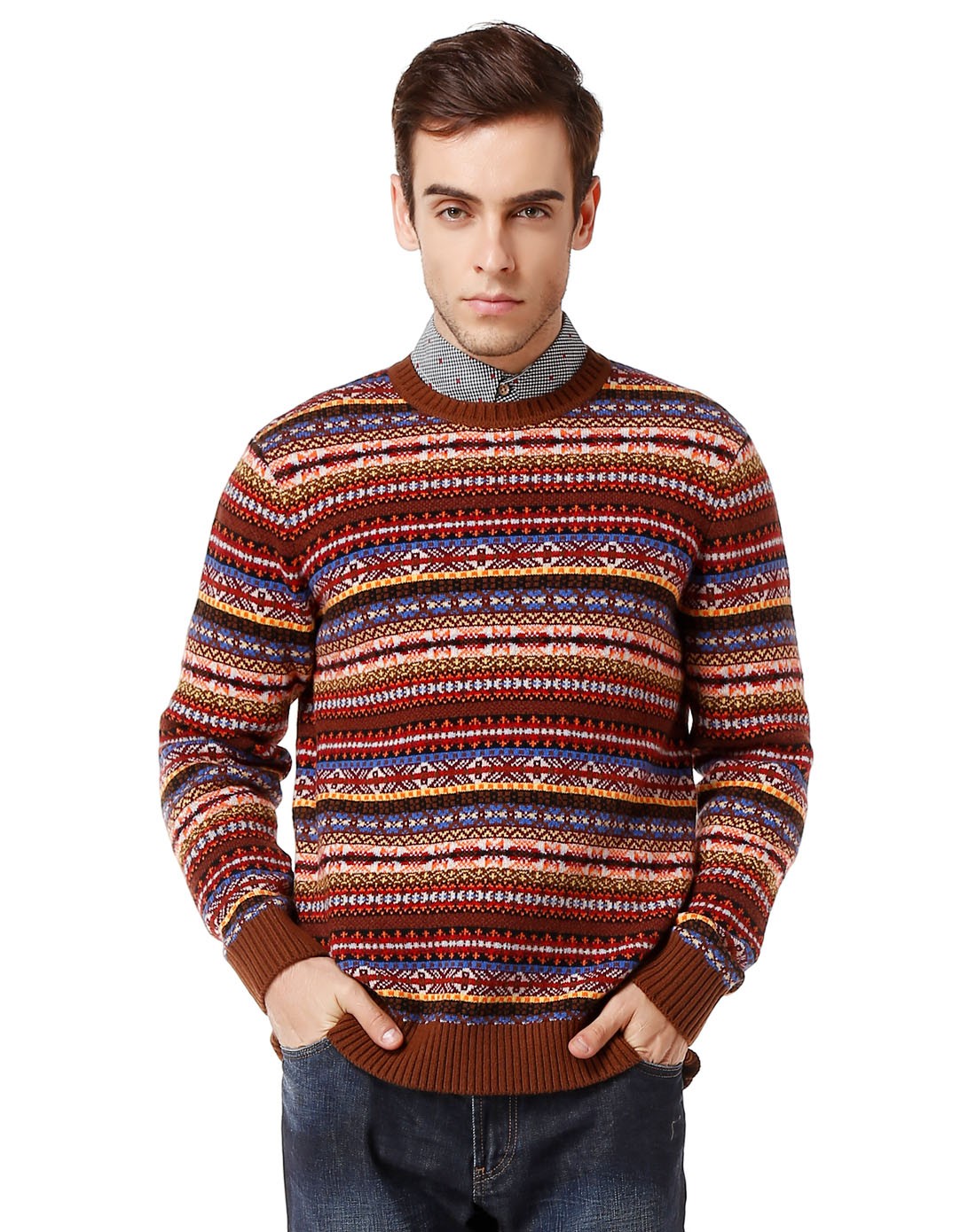 利蜂louis royer 啡/多色圆领时尚长袖针织衫