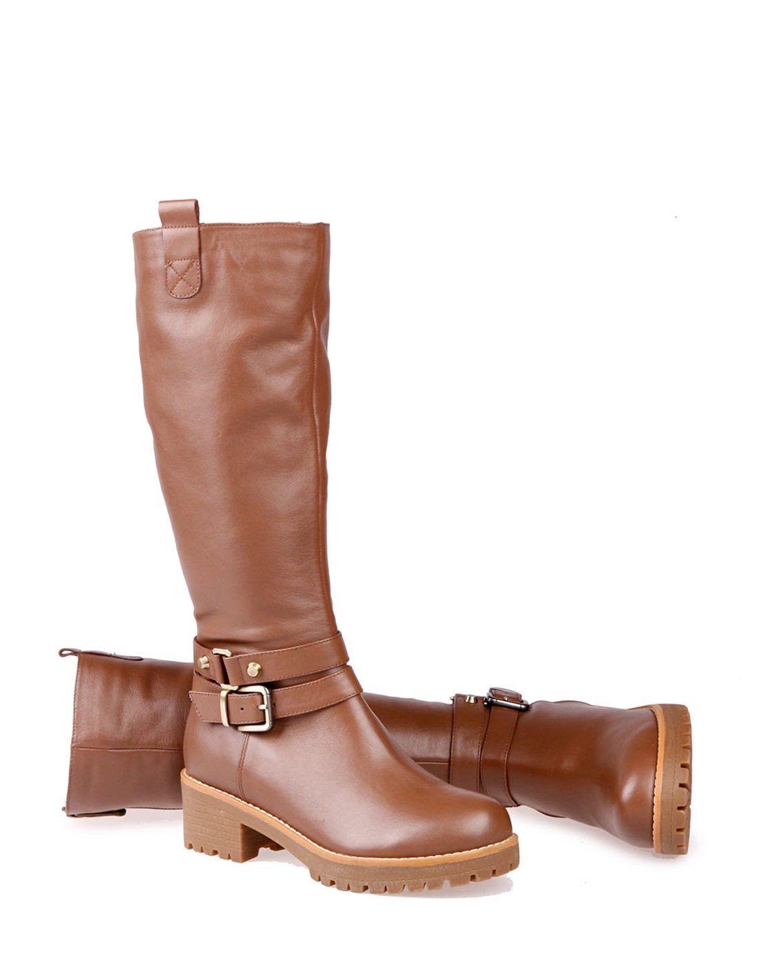 伊伴 咖啡色牛皮简约条带素面女靴