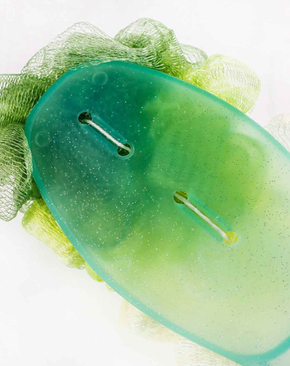 绿色长柄沐浴球按摩浴花