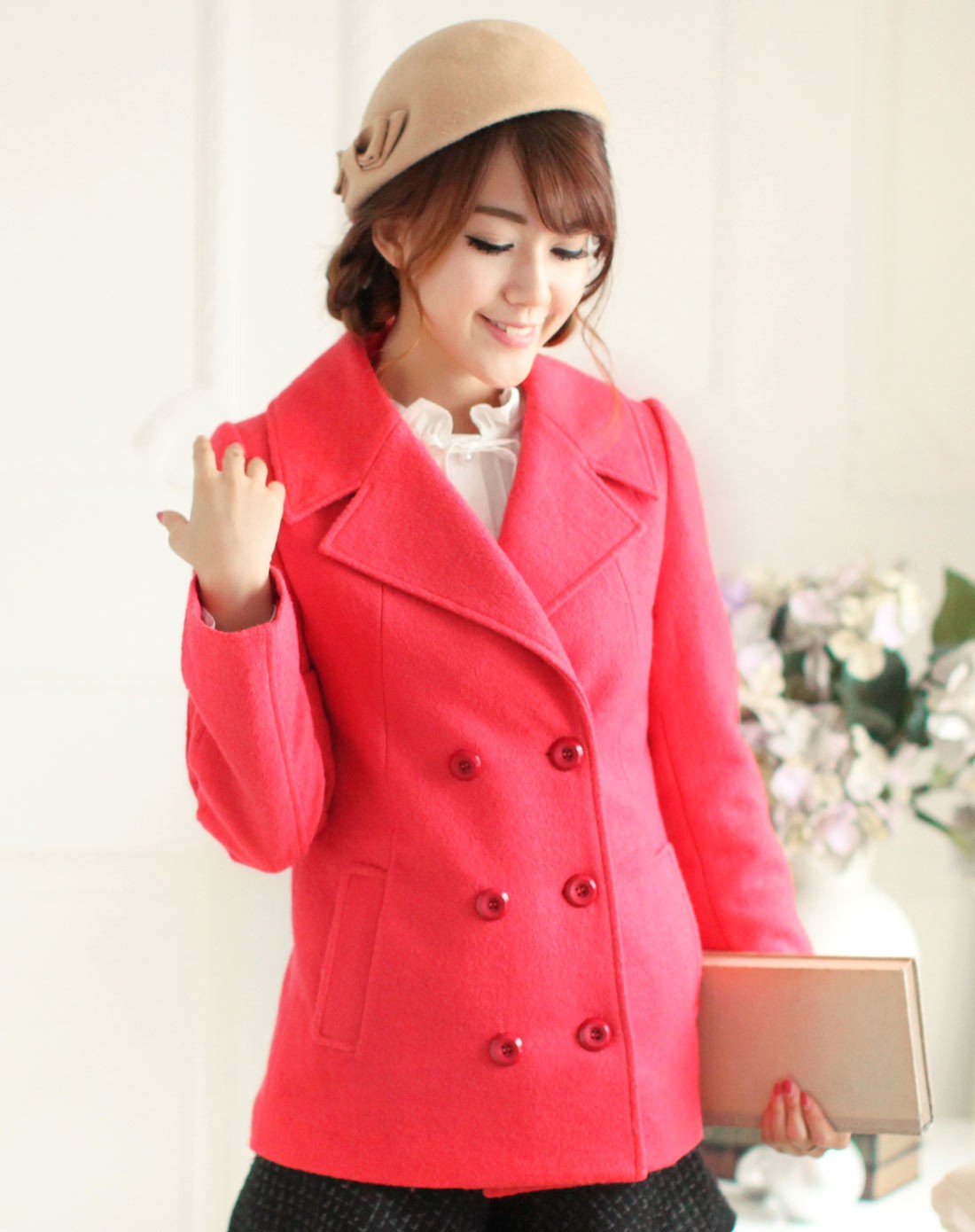 西瓜红双排扣长袖西装领毛呢大衣