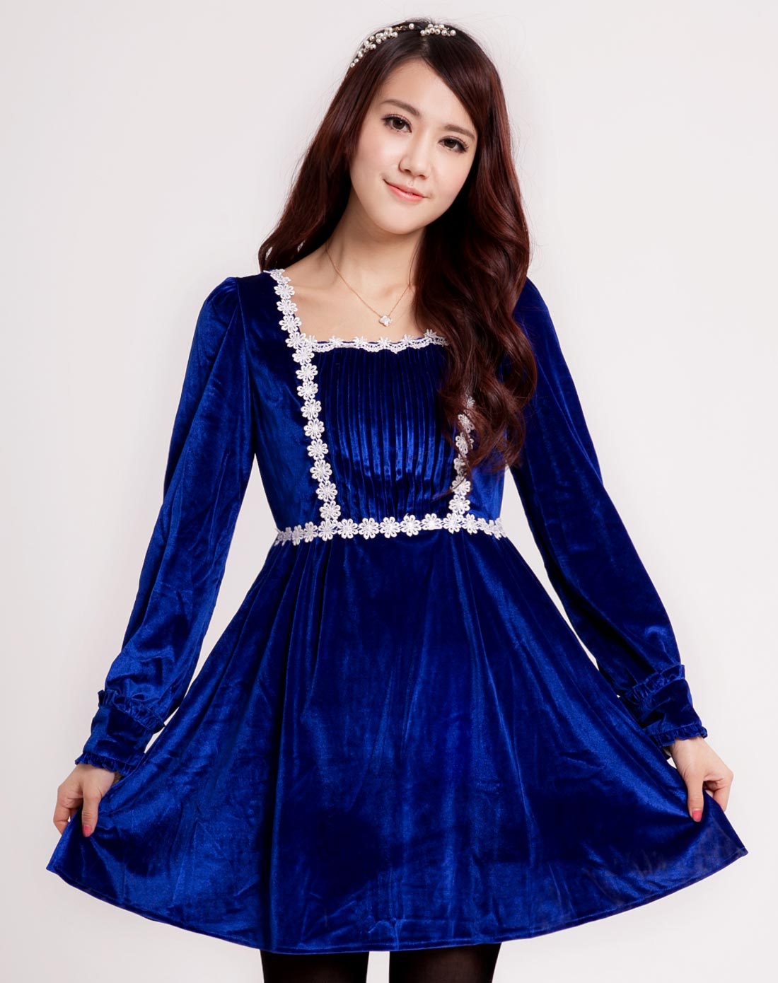 宝蓝色丝绒裙甜美花边气质修身长袖连衣裙