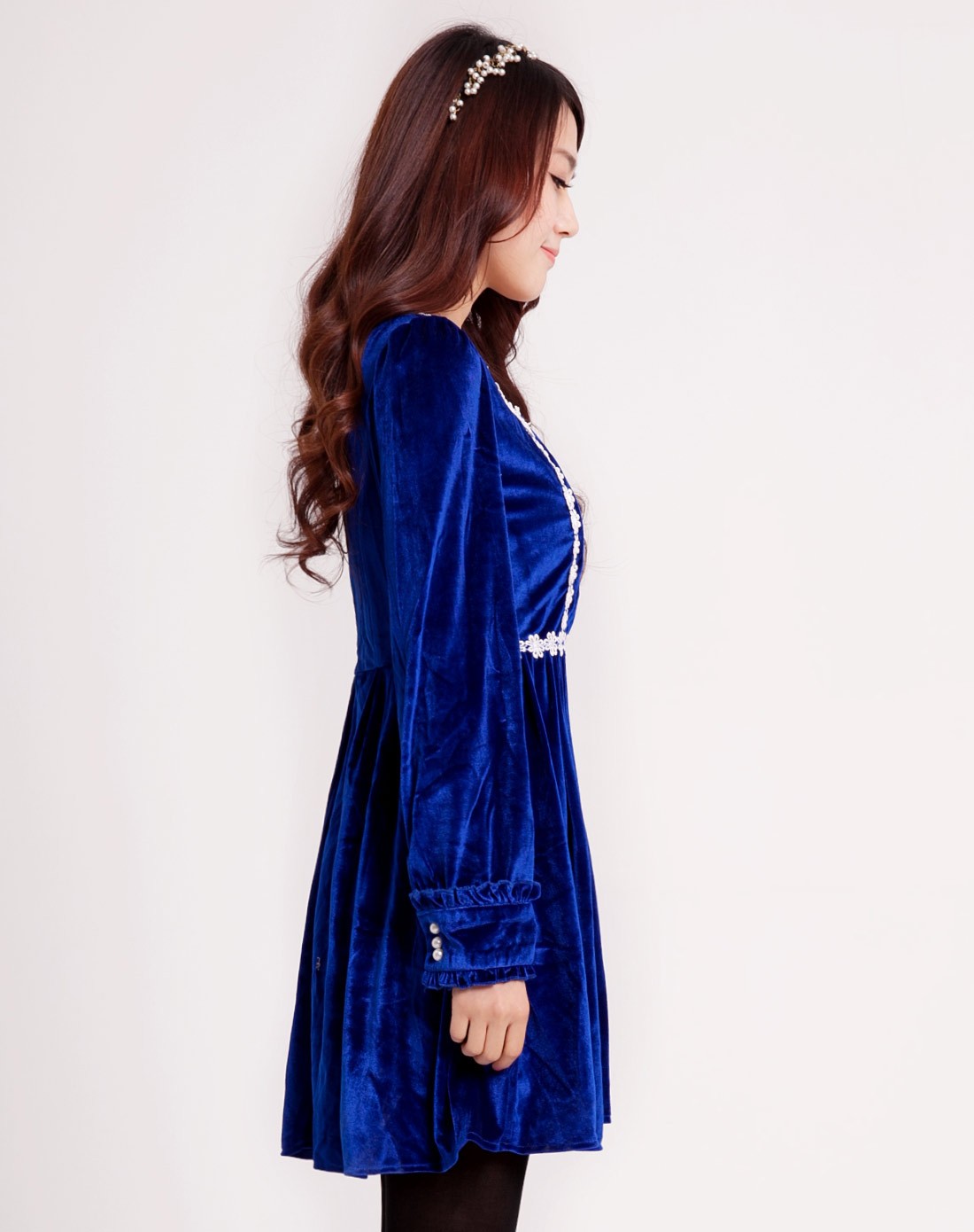 宝蓝色丝绒裙甜美花边气质修身长袖连衣裙