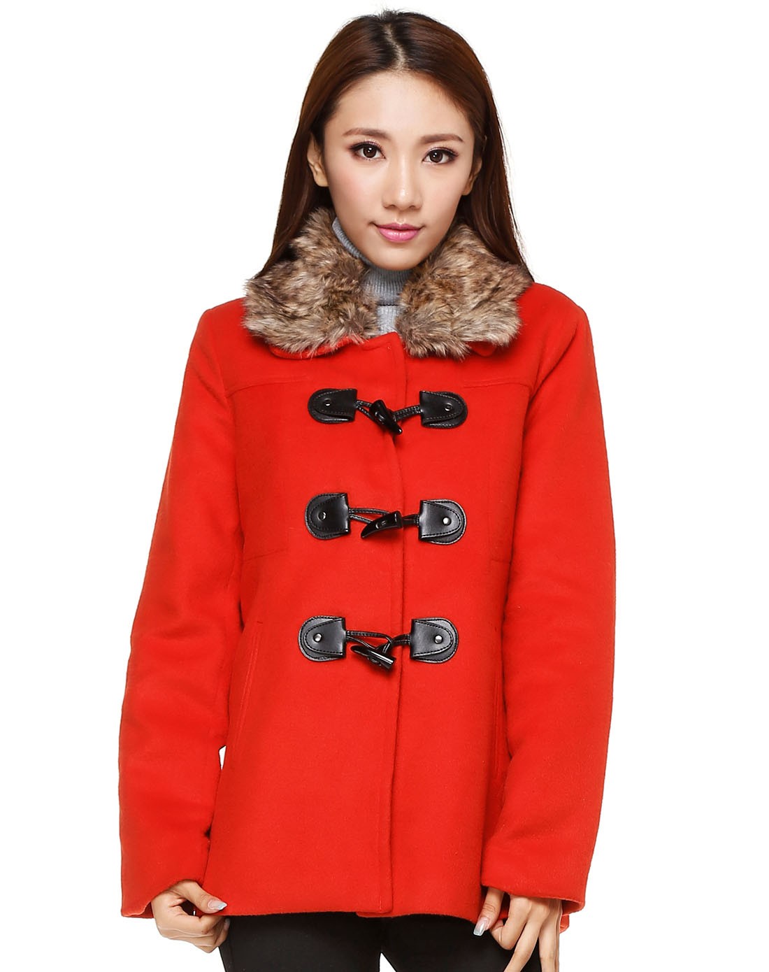 亮橘红色毛领甜美淑女长袖外套