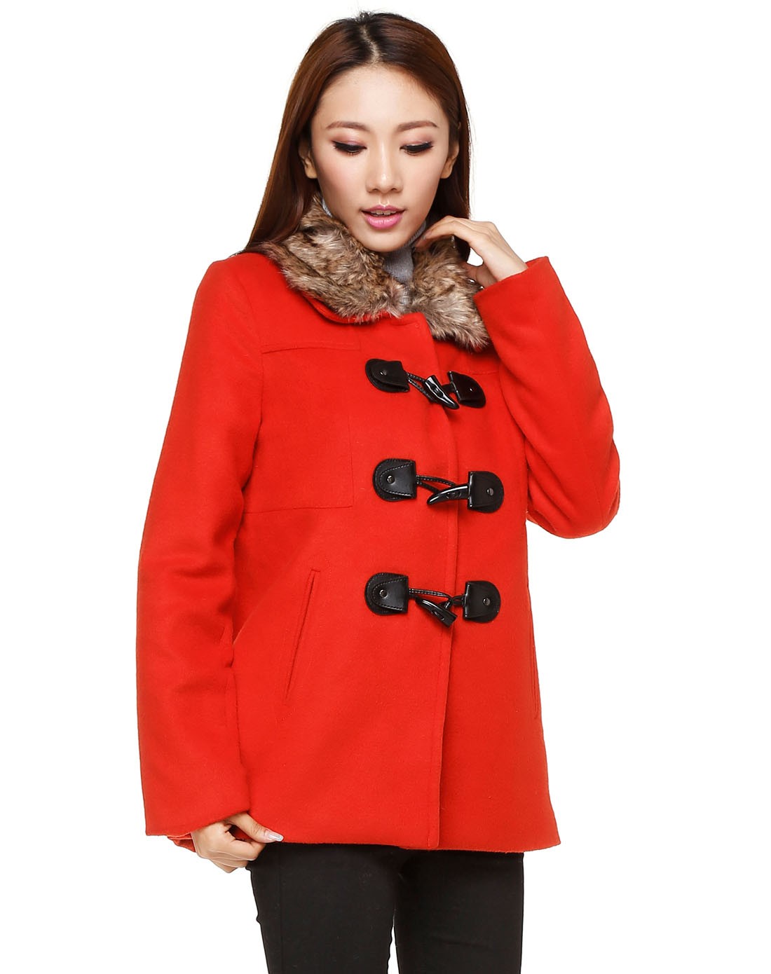 亮橘红色毛领甜美淑女长袖外套