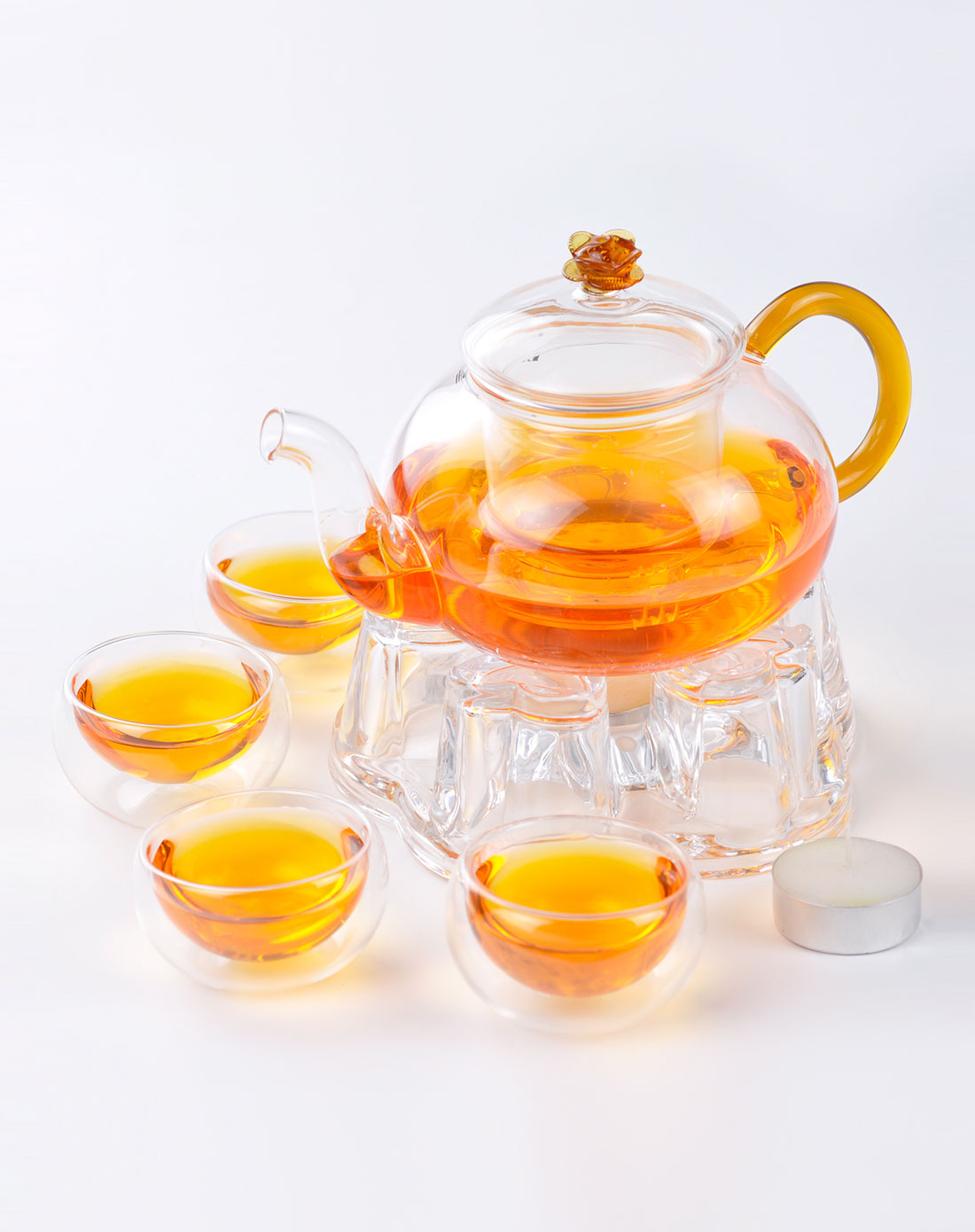 黄琉璃花钮耐热玻璃花茶壶组合/6件套