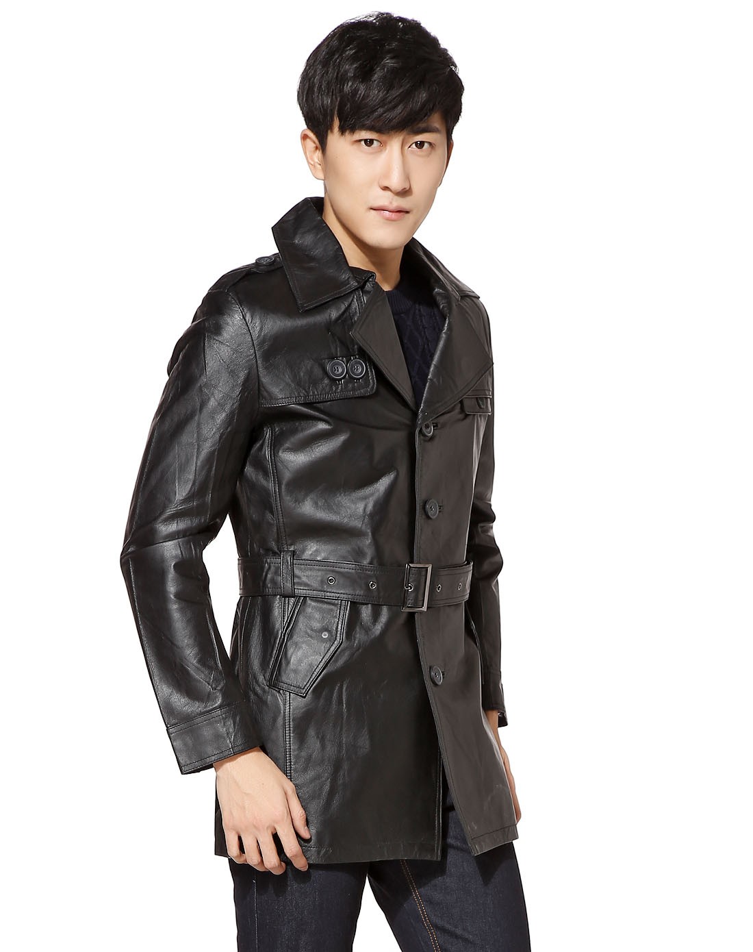 英伦风格黑色帅气长款长袖皮衣