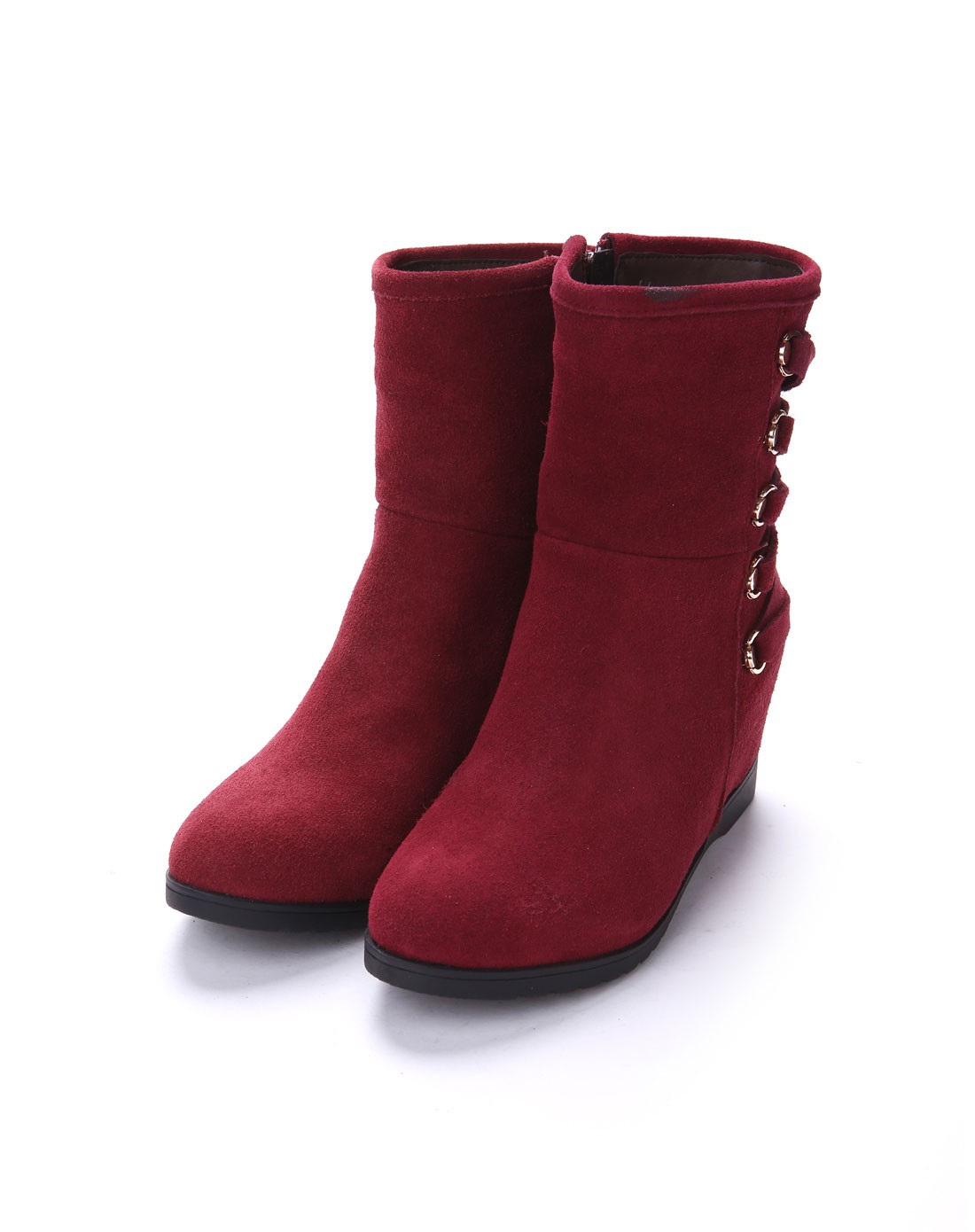 女士酒红色牛绒/网正靴