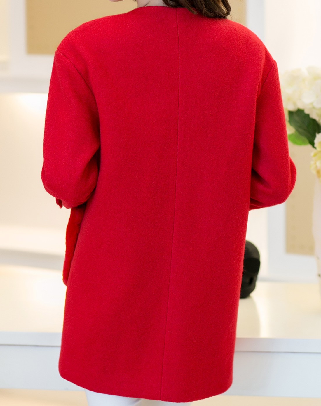 正红色宽松复古毛呢大衣