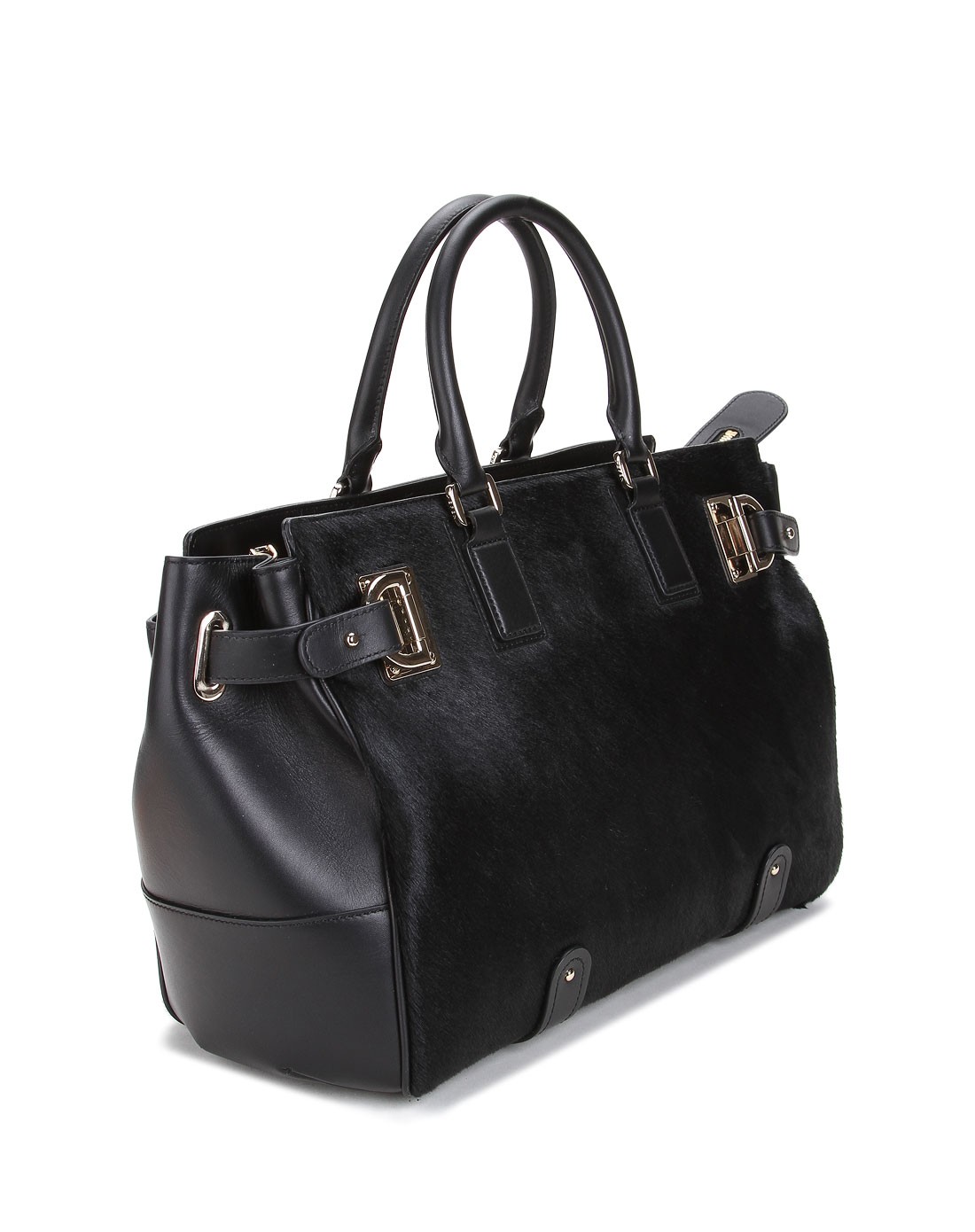 黑色贵气拼毛时尚手拎皮包