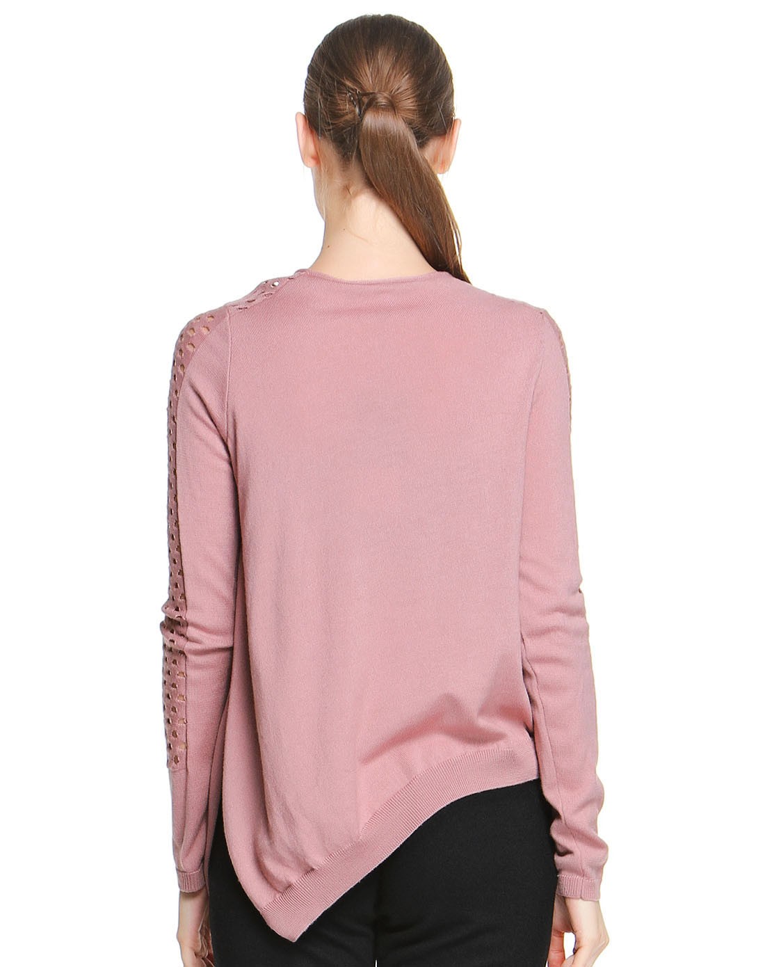 芋粉色镂空设计100%羊毛长袖针织衫