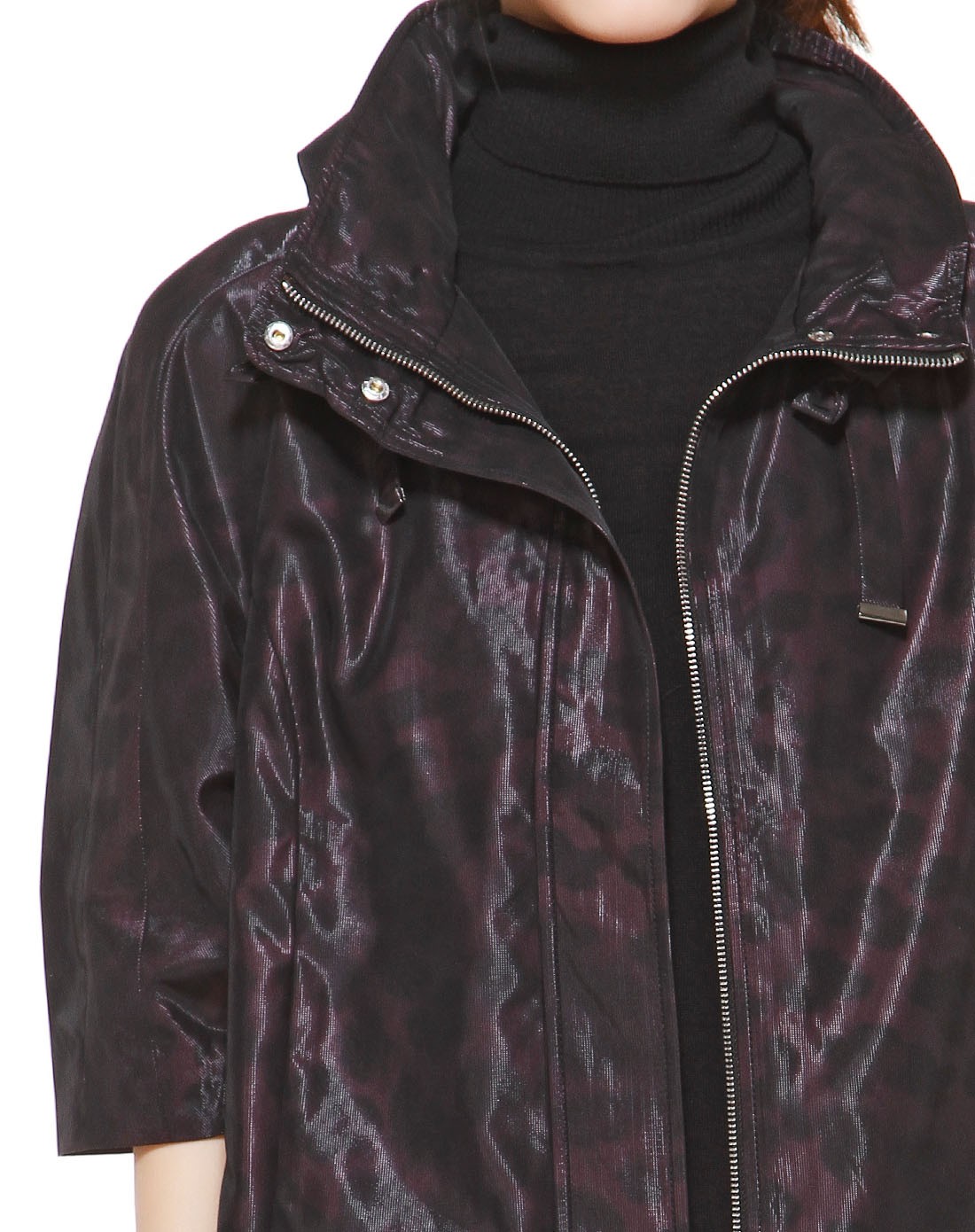 紫黑色立领个性潮流印花七分袖外套