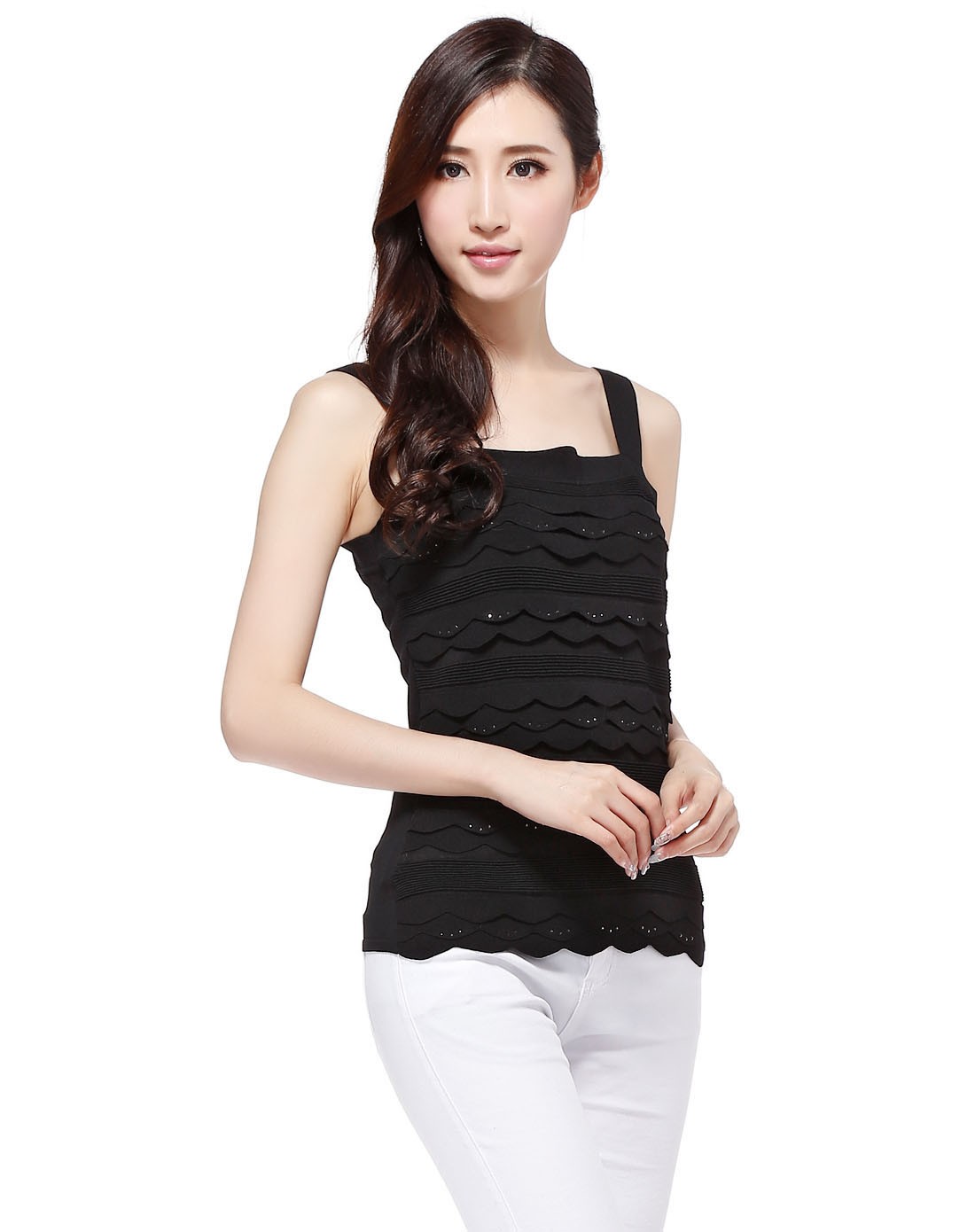 雅莹ep黑色烫钻时尚宽肩吊带针织背心