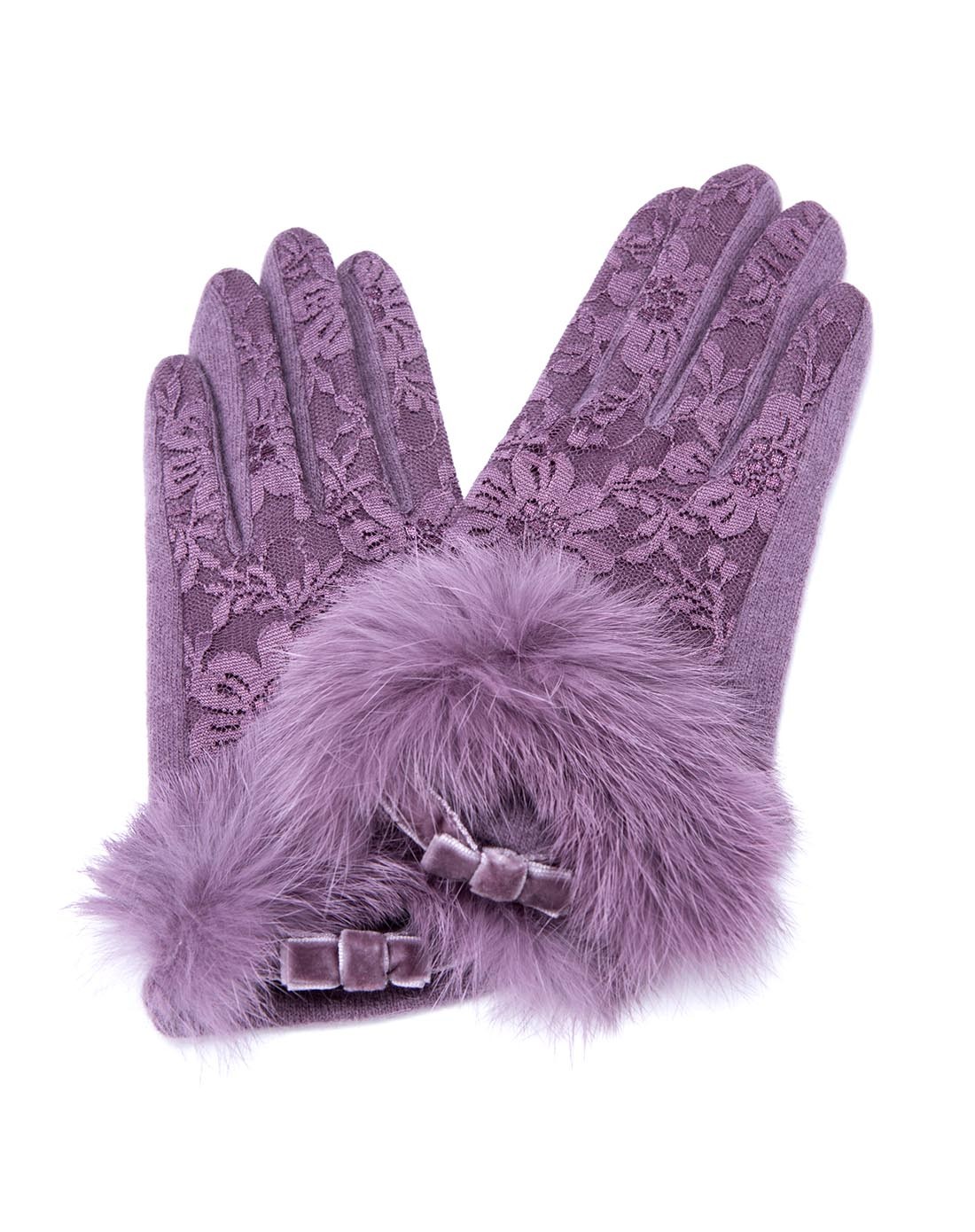 紫色羊毛蝴蝶结蕾丝分指手套
