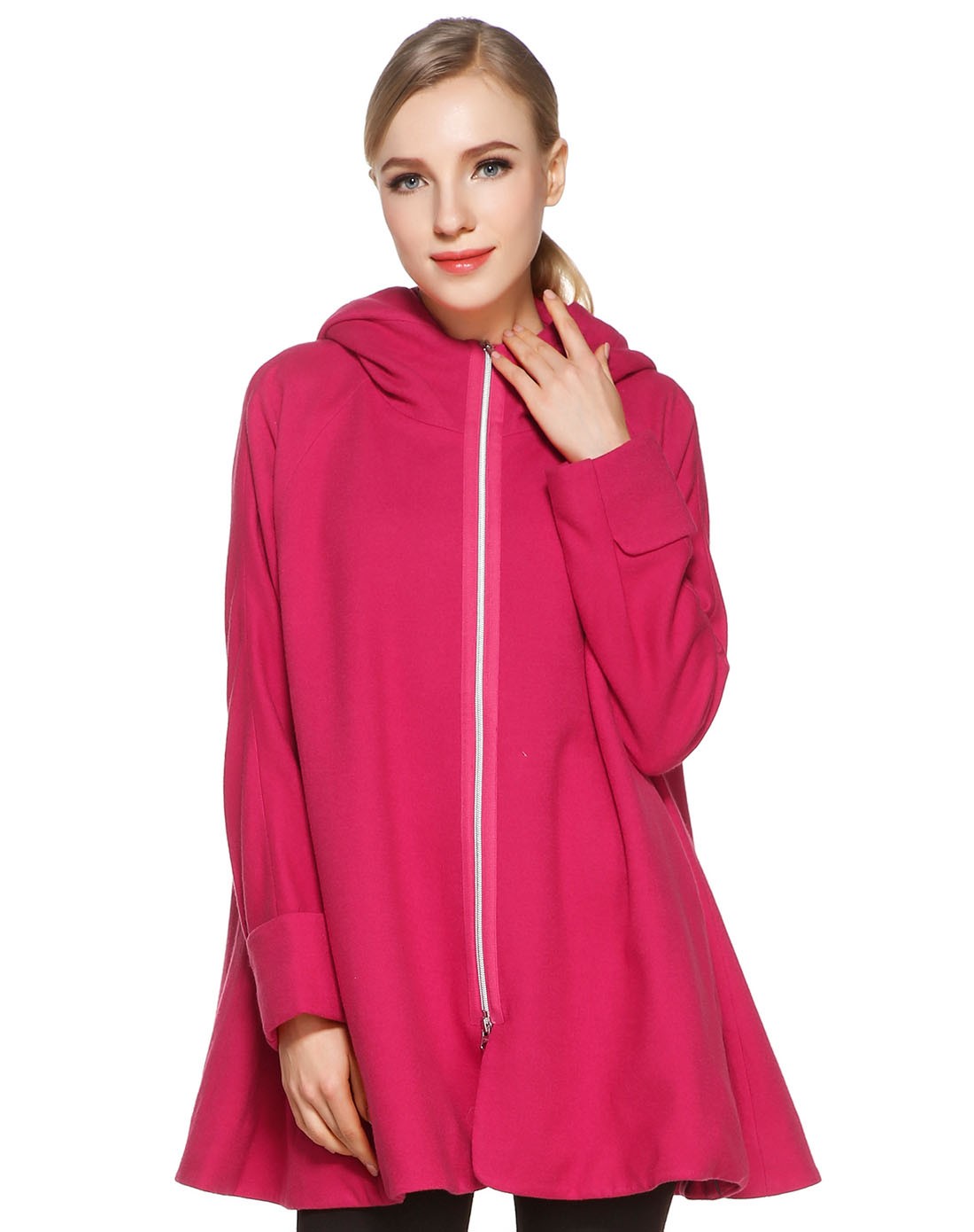 深桃红色宽松双袋长袖外套