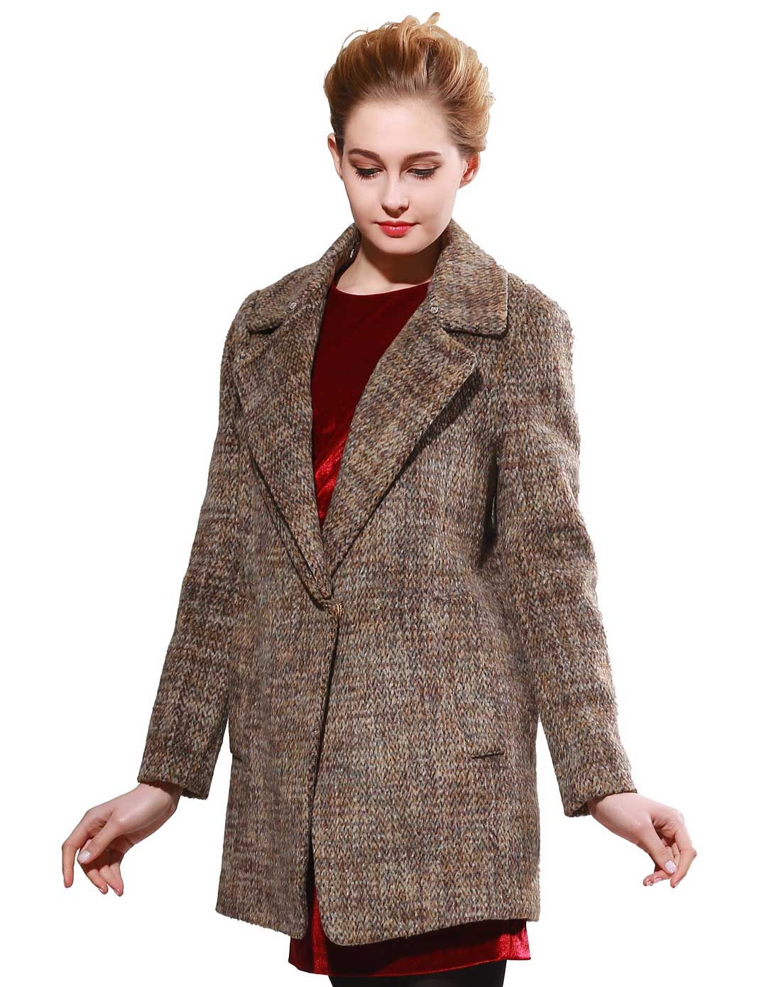 莹蔻inq咖啡色韩版修身中长厚毛呢大衣abad513040-700_唯品会