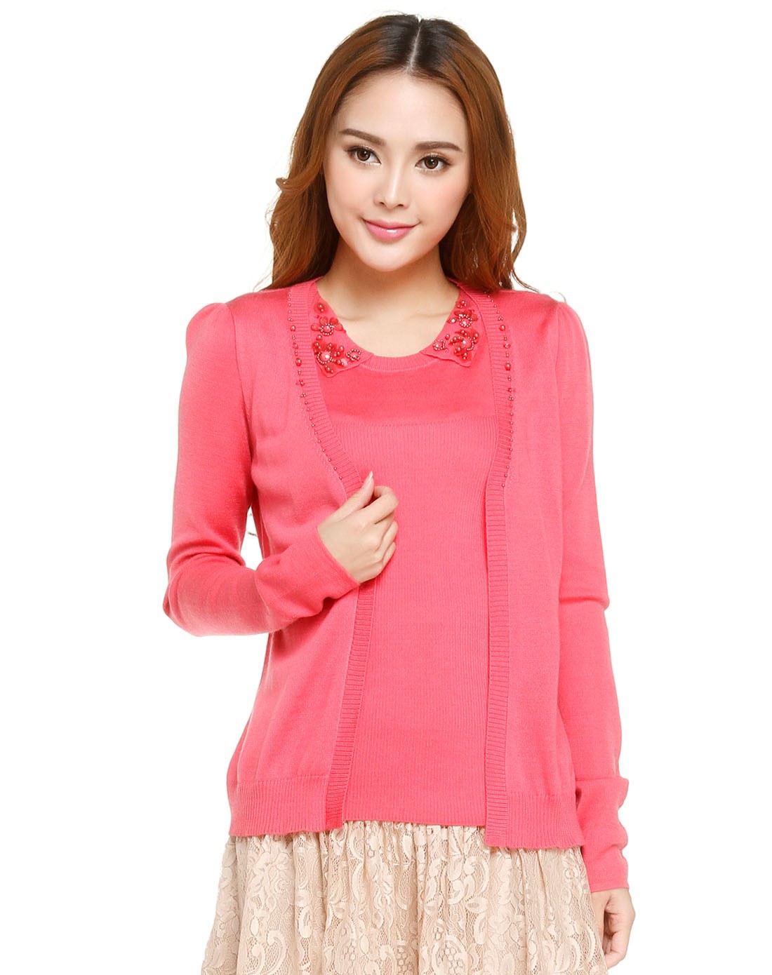 浅玫红色淑女两件套长袖针织衫