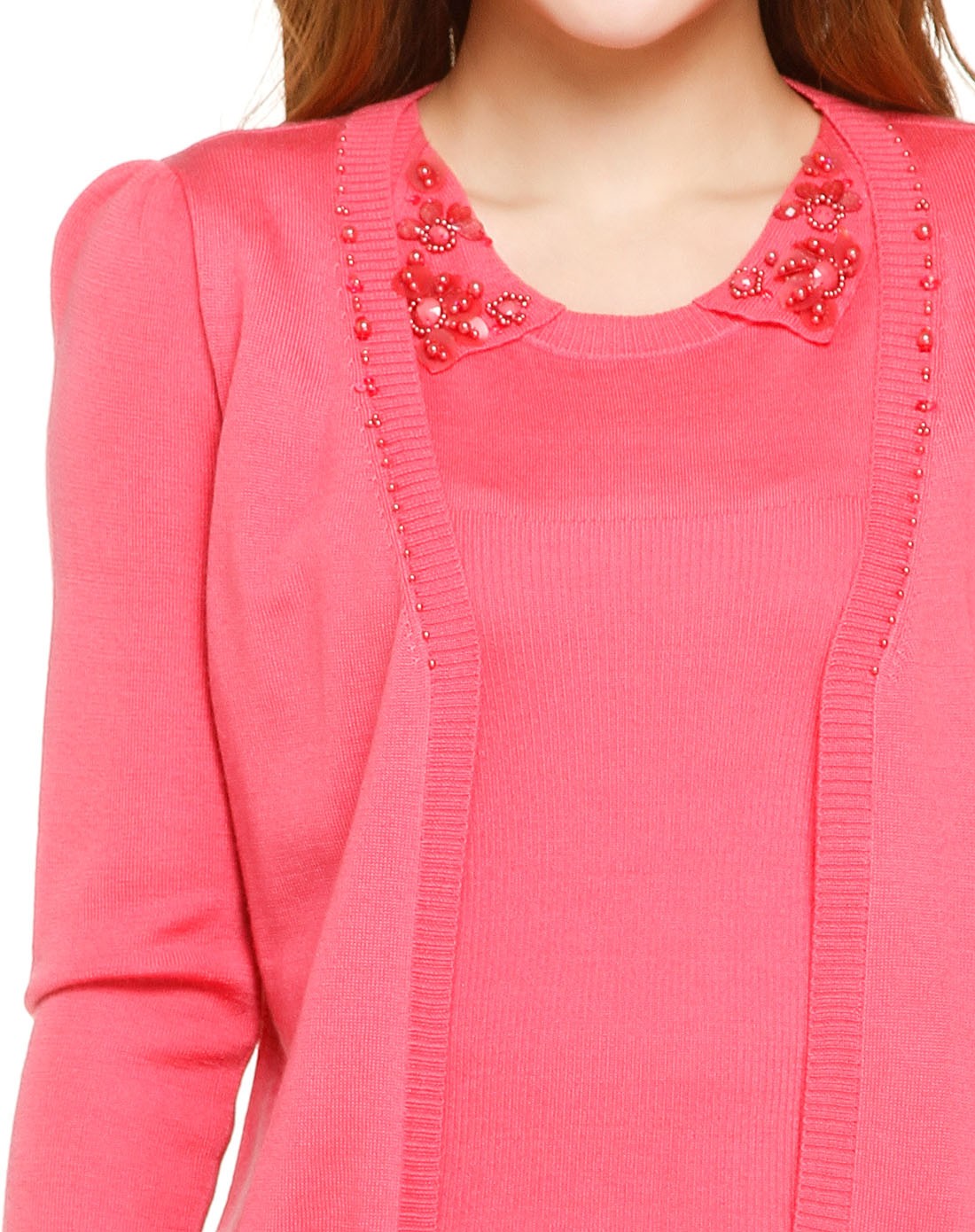 浅玫红色淑女两件套长袖针织衫