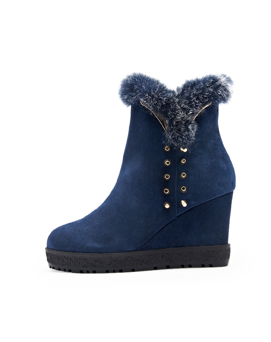 2014冬季新品反绒牛皮宝蓝色铆钉坡跟短靴