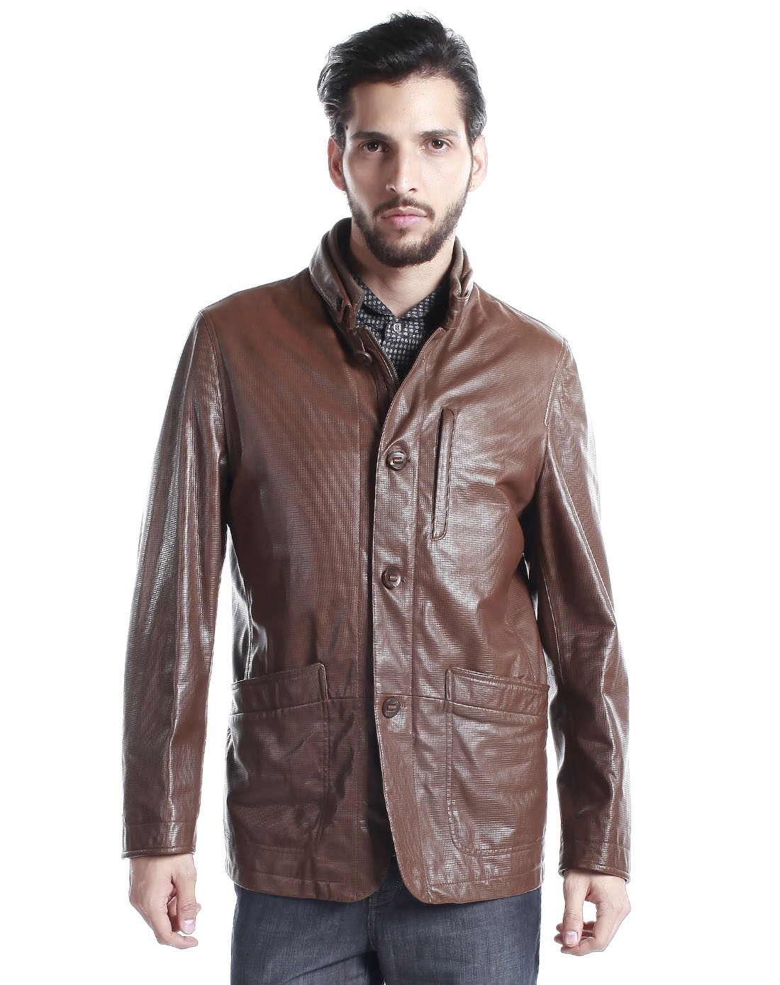 澳伦61多兰aolun duolan咖啡色印纹时尚长袖皮衣12apy-2342-60蓝黄