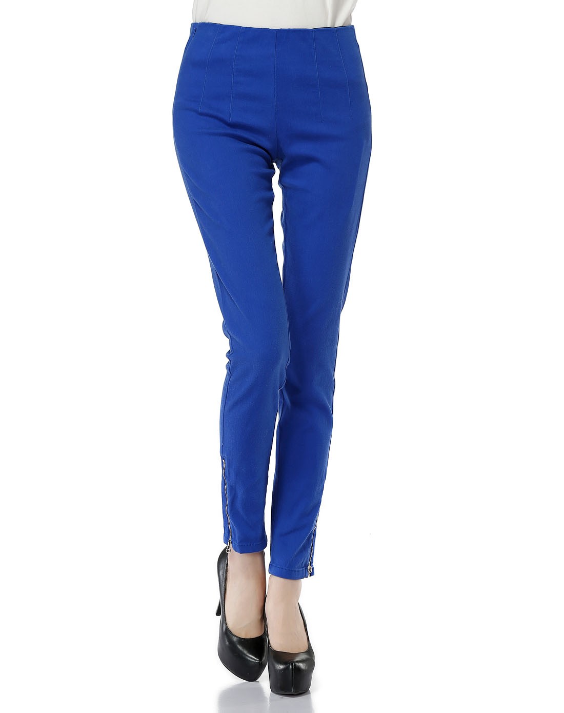 彩蓝色通勤修身中腰牛仔长裤