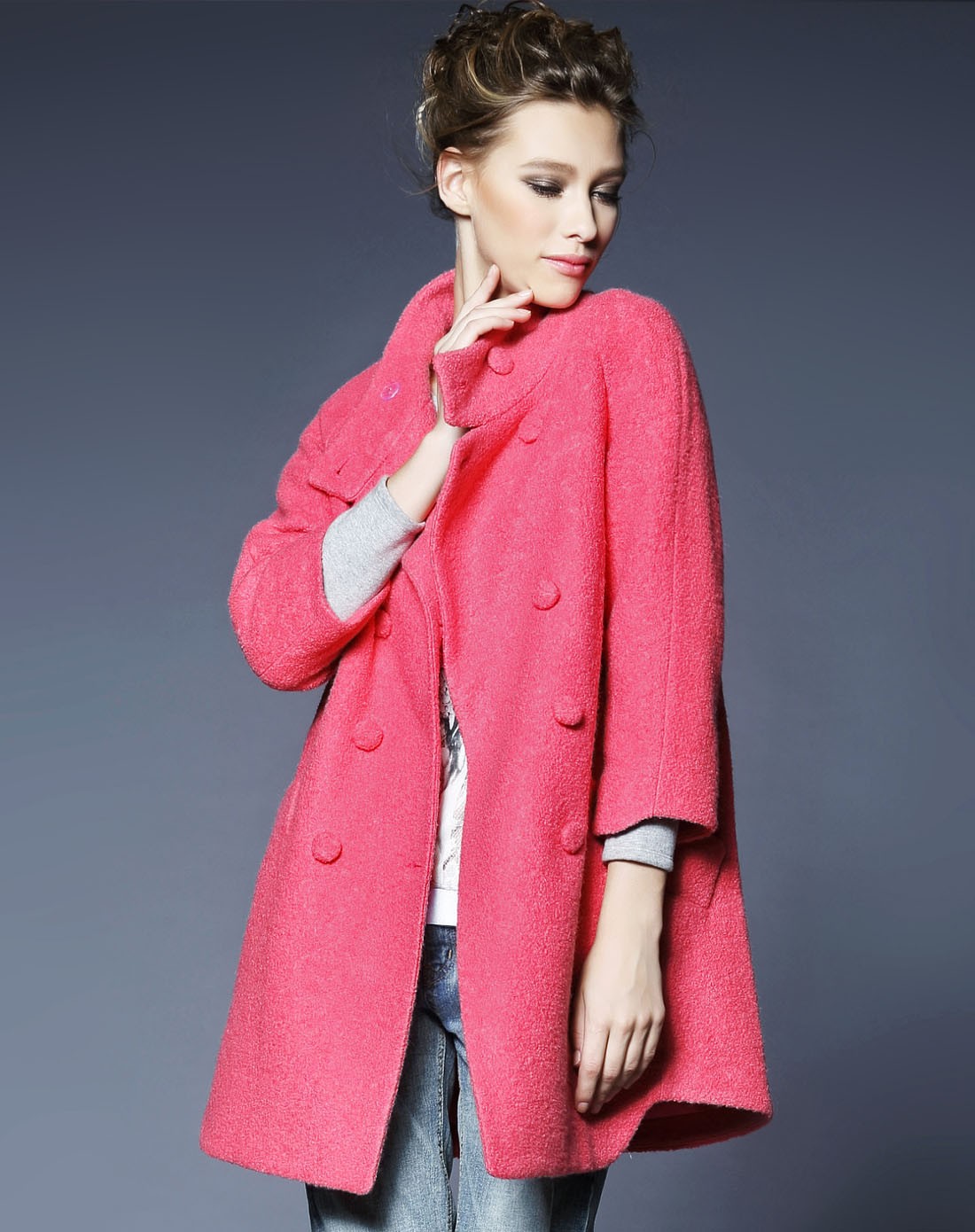艺诗est ii女装移动端专场桃红色立领欧美范双排扣七分袖大衣ejd8e60k