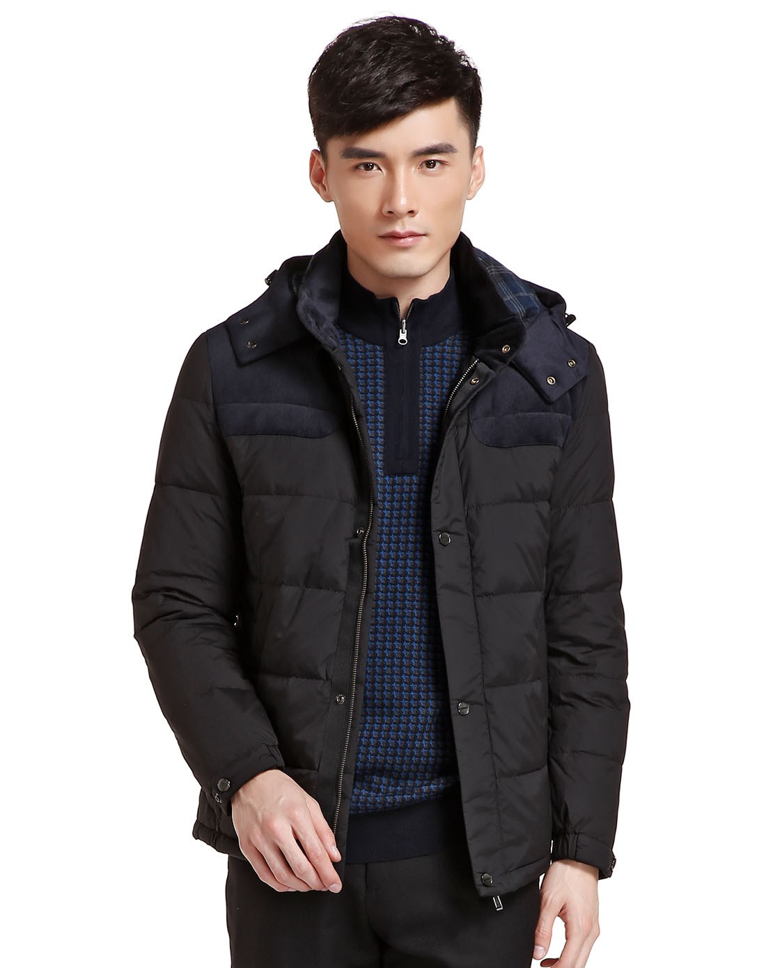 佛伦斯folunsi男装专场-黑/深蓝色连帽潮流个性拼接长袖羽绒服
