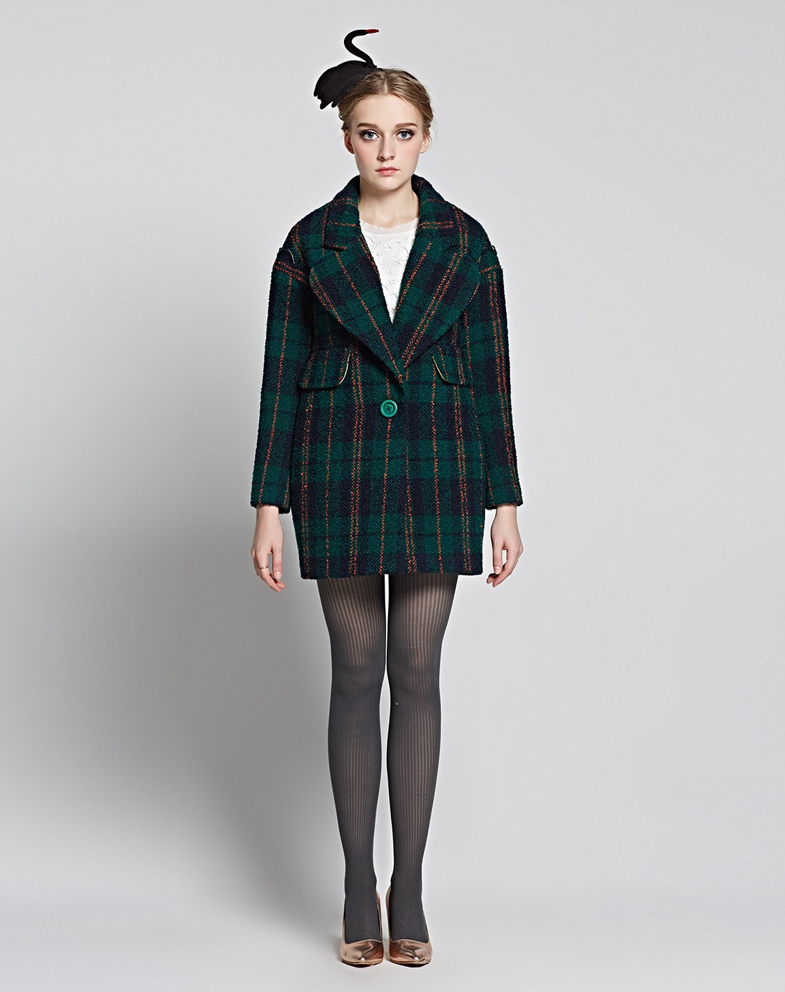 oece女装专场 草绿色苏格兰撞色格纹大翻领落肩毛呢大衣