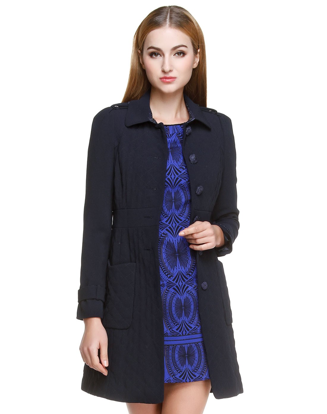 玛丽安玛丽marie n°mary女装专场 深藏蓝色简约淑女长袖风衣