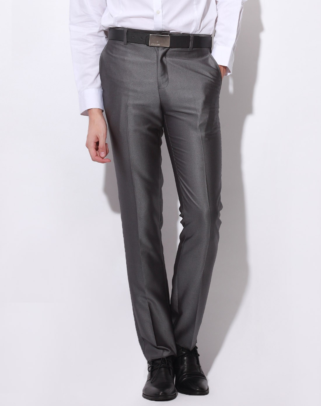 男款灰色中腰合身窄脚商务西裤