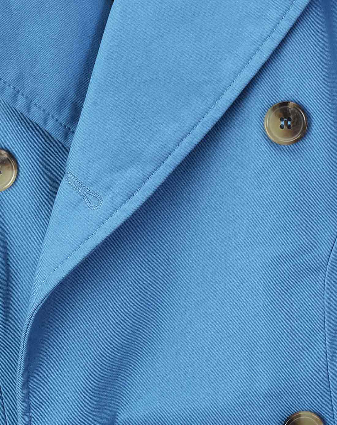 男款浅湖蓝翻领修身双排扣风衣
