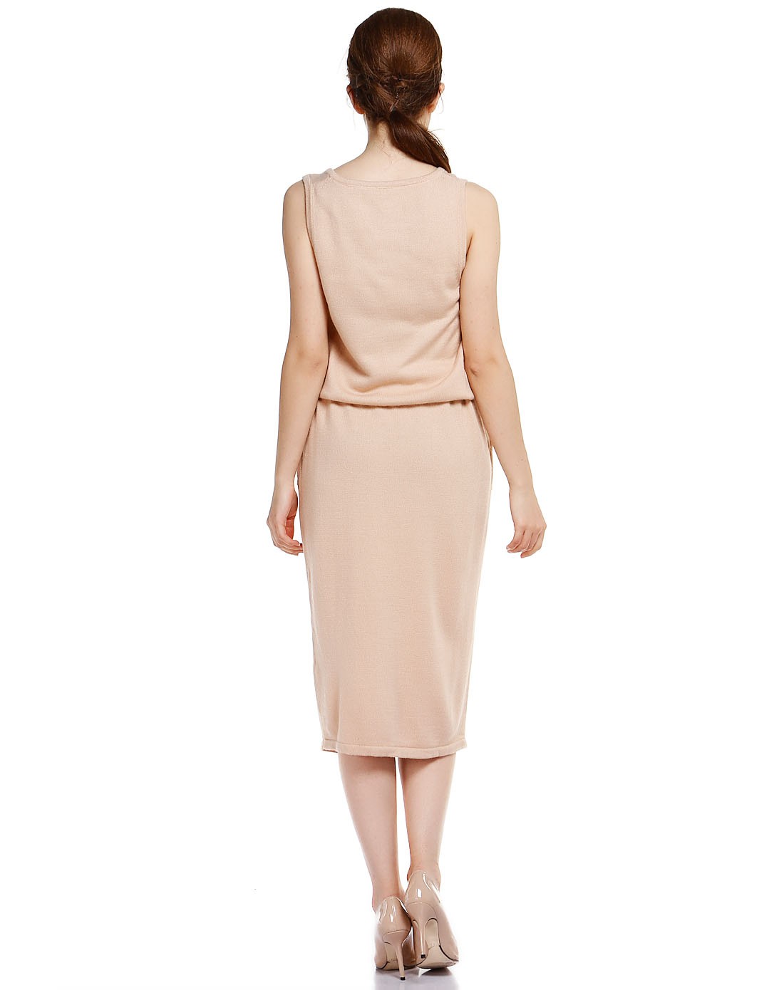 浅杏色优雅淑女无袖针织连衣裙