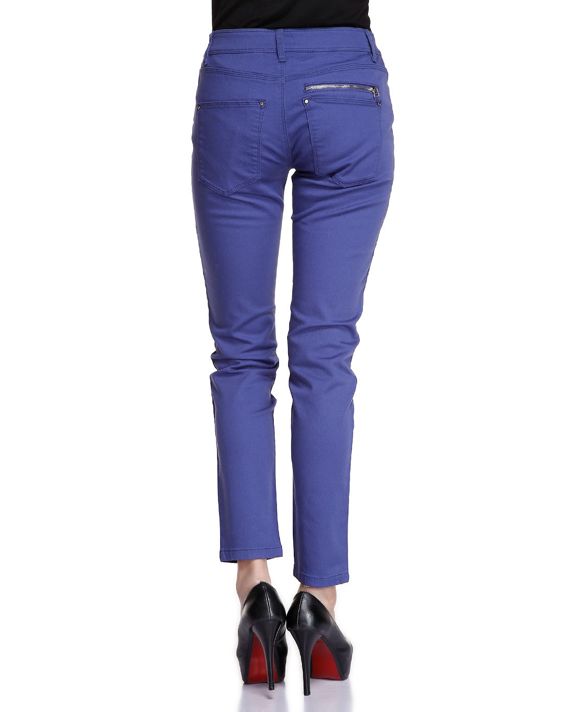 浅宝蓝色直插袋修身长裤