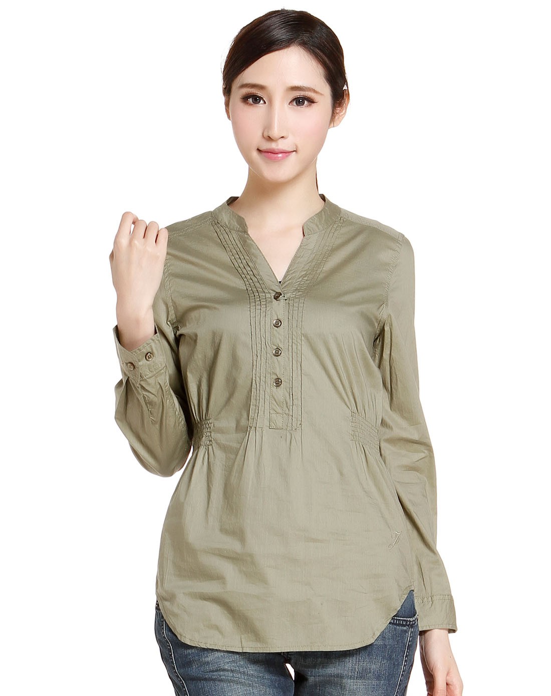 豆绿色长袖衬衫纯棉柔软舒适