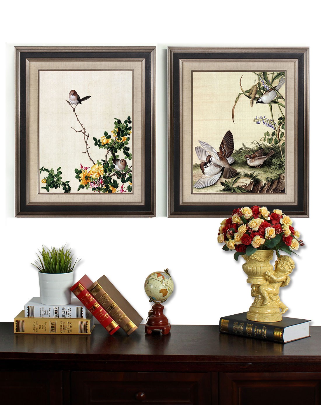 中式客厅书房两联装饰画有框画-春色满园