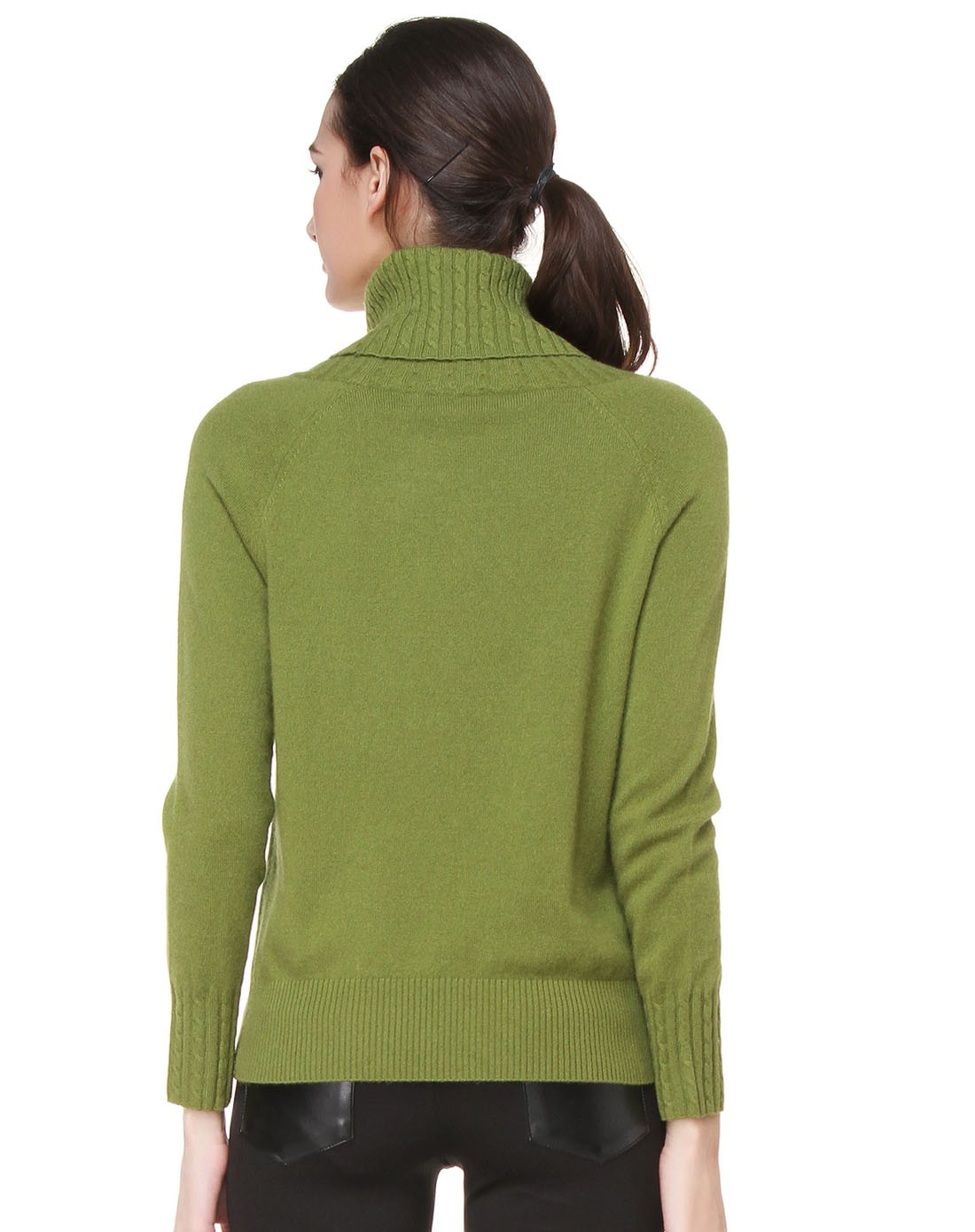 女款高领森绿色长袖100%羊绒衫