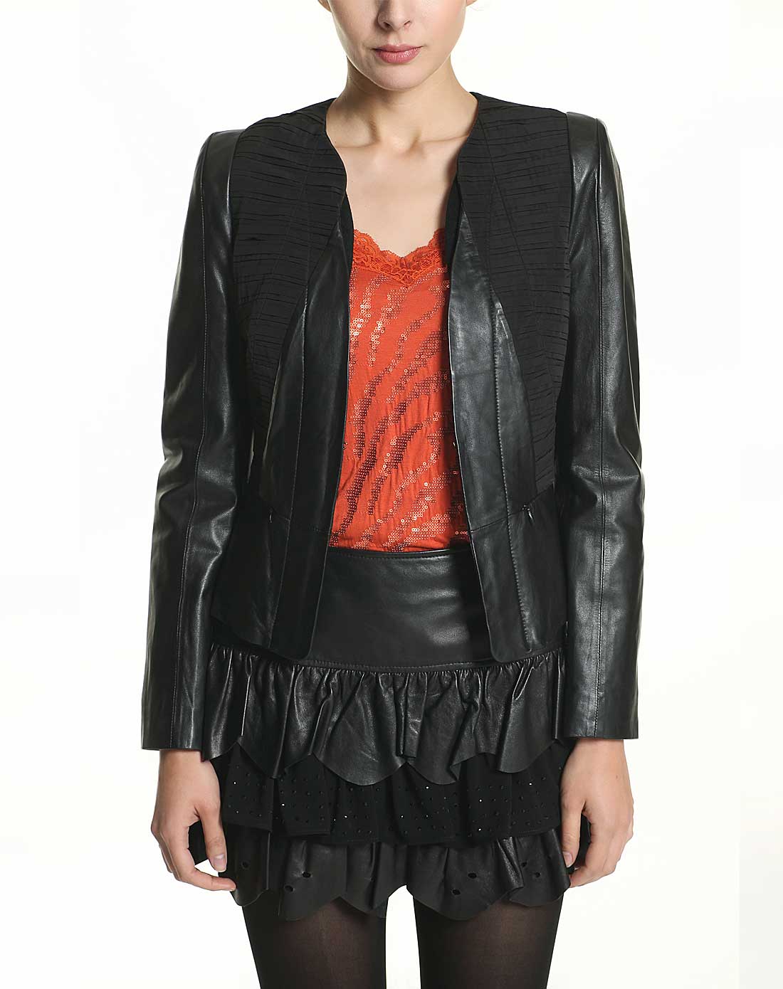 斯尔丽sierli皮草女装移动端专场黑色褶皱拼接长袖短款皮衣2d009880