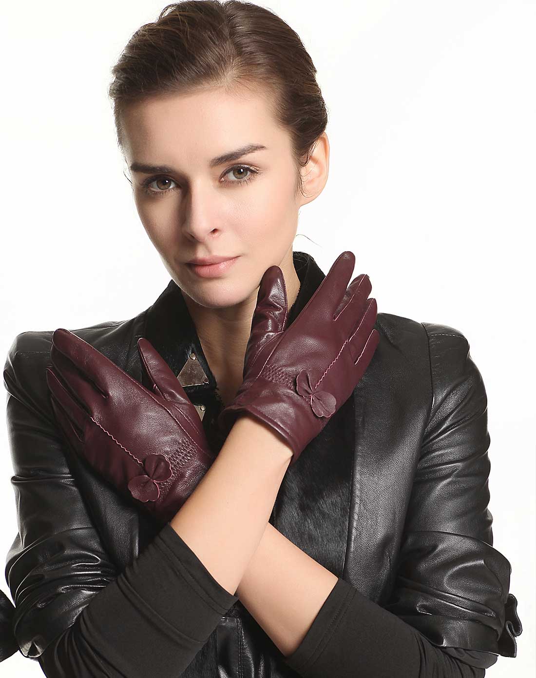 紫红色蝴蝶结女士皮手套