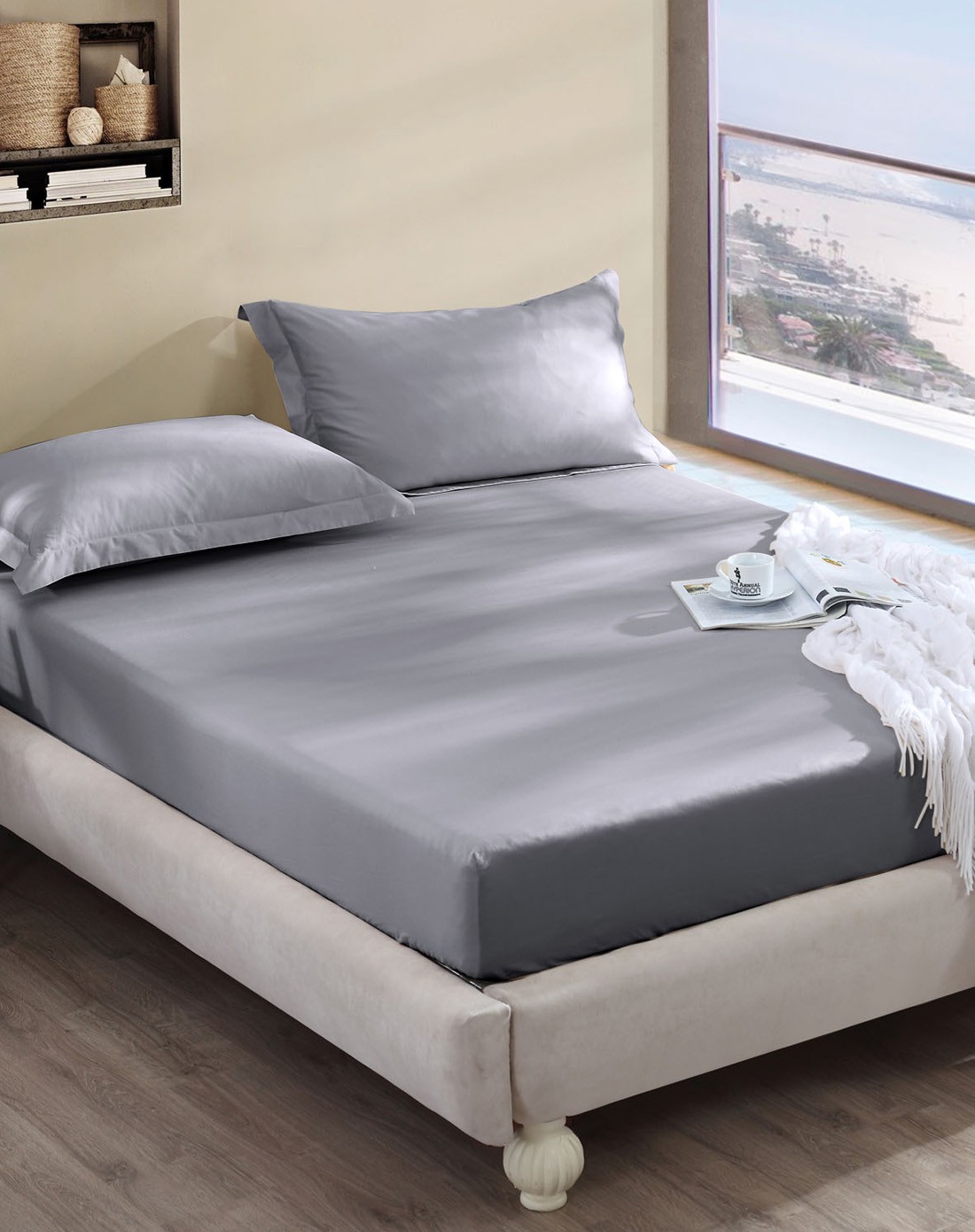 1.5m【怡系列】纯棉缎纹纯色床笠-暖流-高级灰